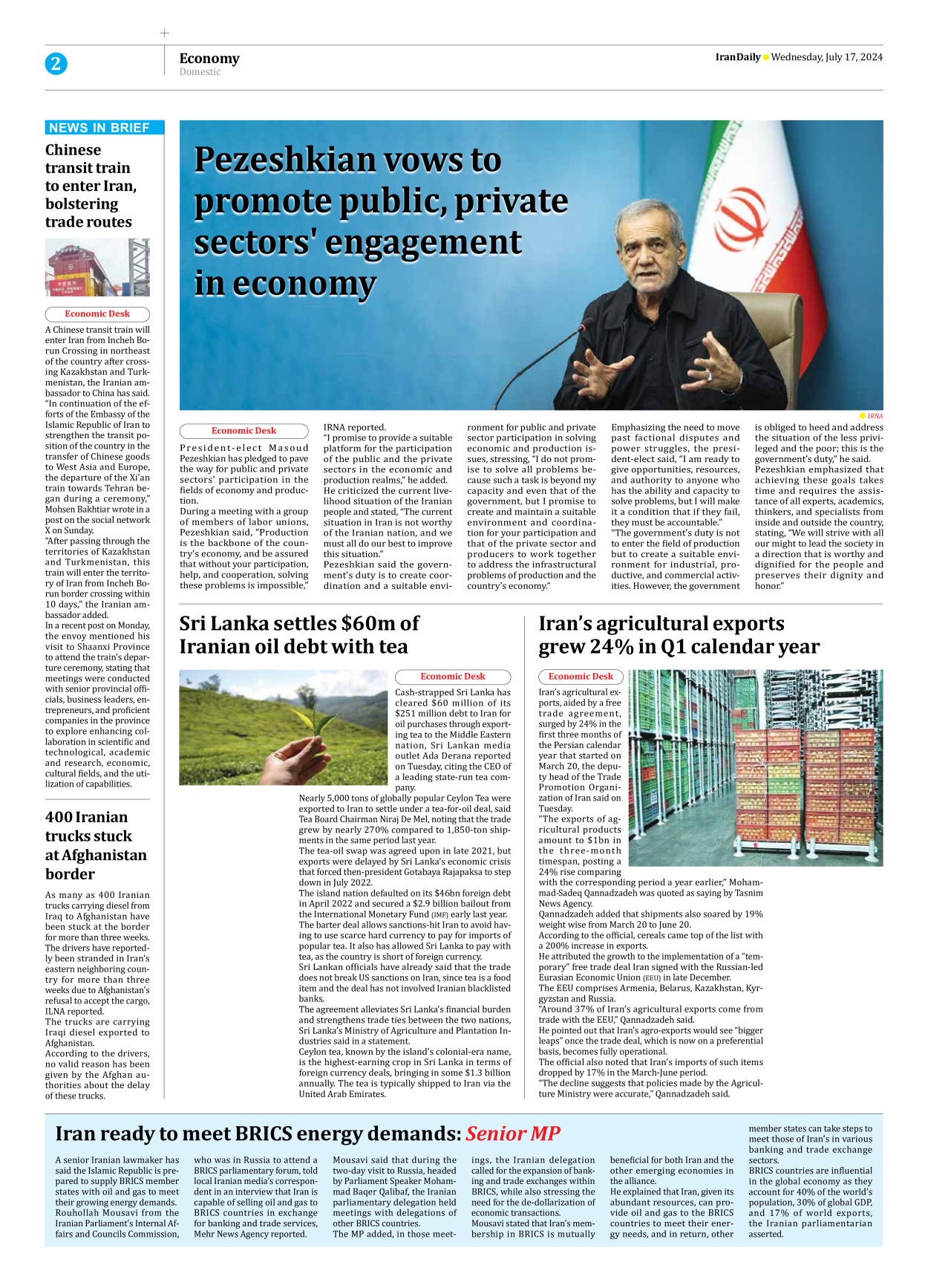 Iran Daily - Number Seven Thousand Six Hundred and Five - 17 July 2024 - Page 2