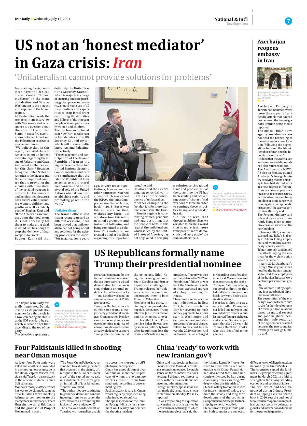 Iran Daily - Number Seven Thousand Six Hundred and Five - 17 July 2024 - Page 7