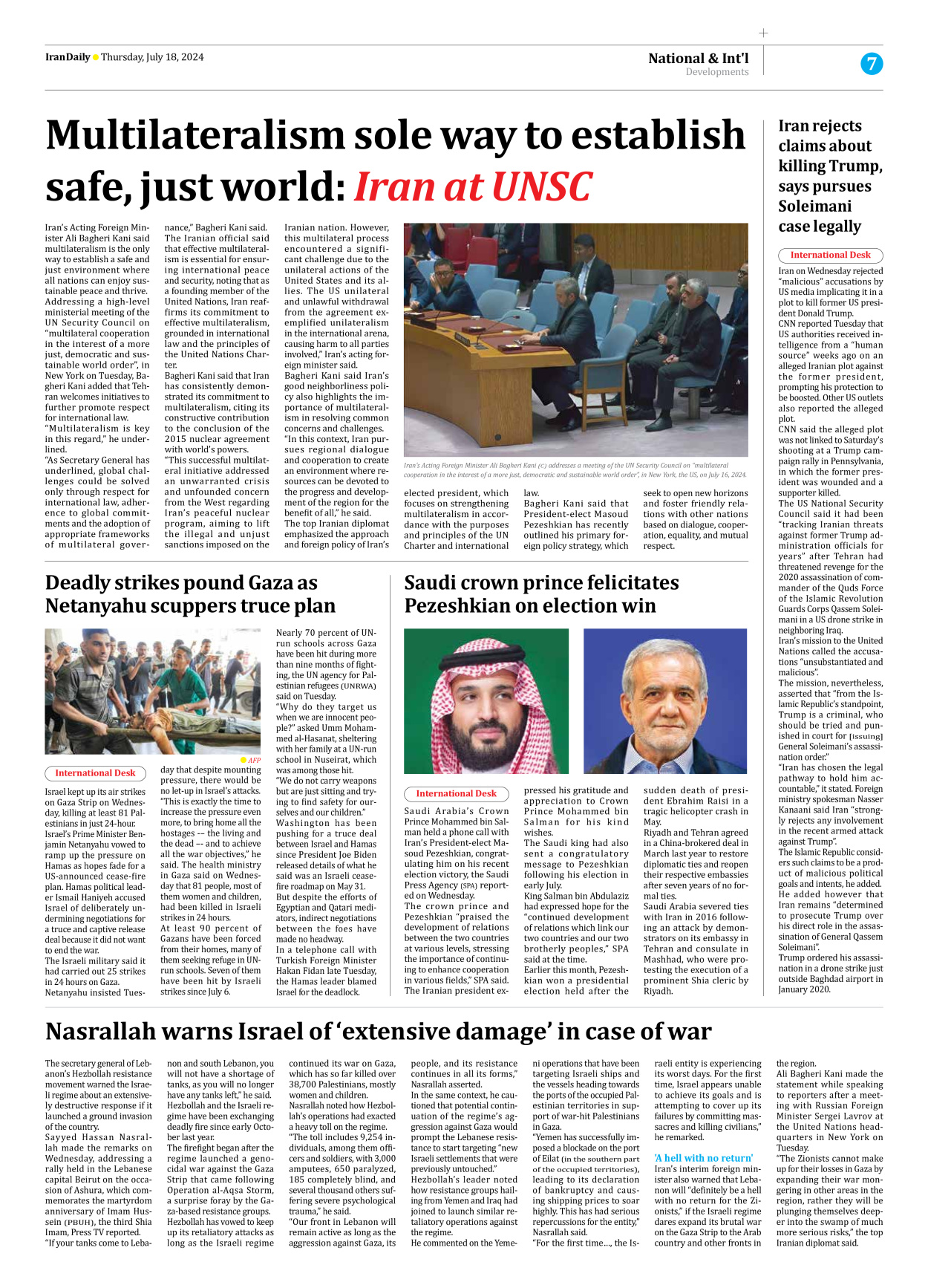 Iran Daily - Number Seven Thousand Six Hundred and Six - 18 July 2024 - Page 7