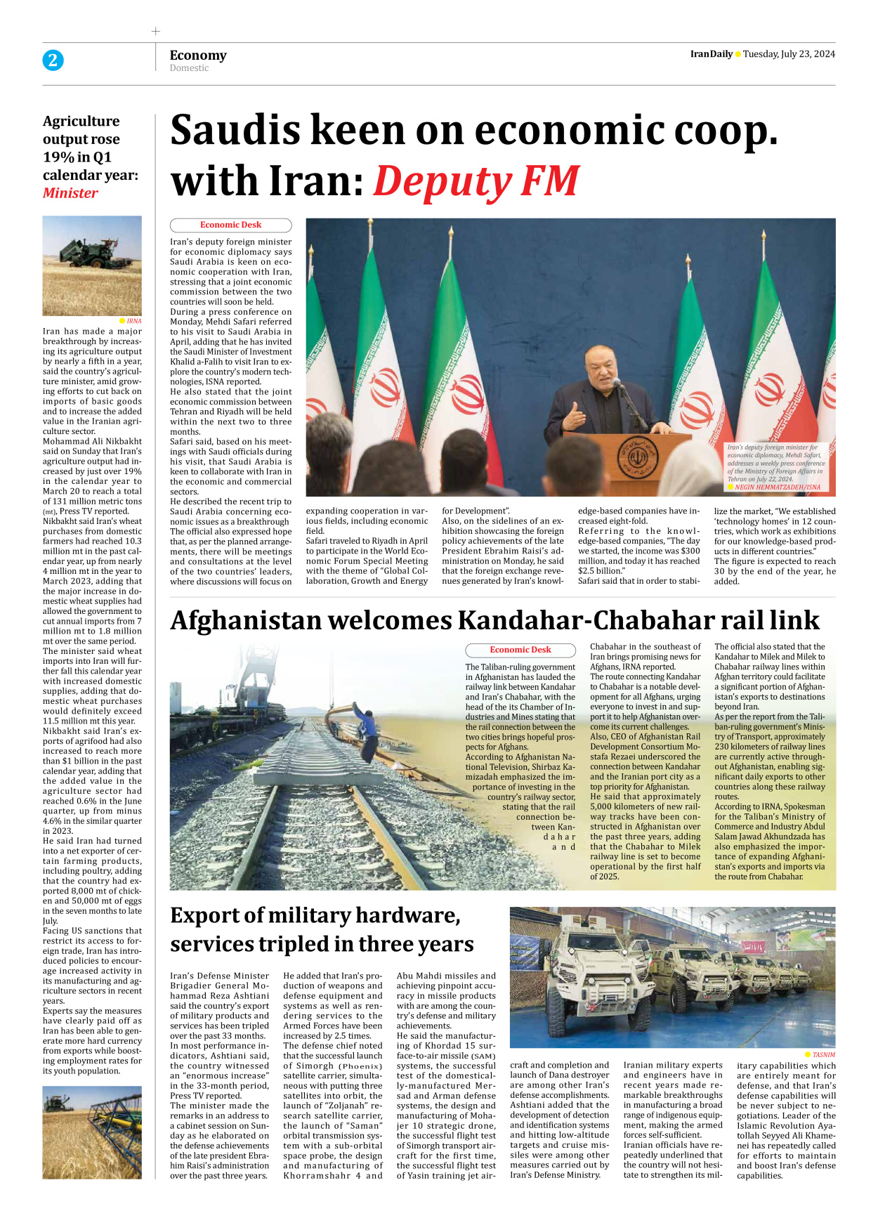 Iran Daily - Number Seven Thousand Six Hundred and Ten - 23 July 2024 - Page 2