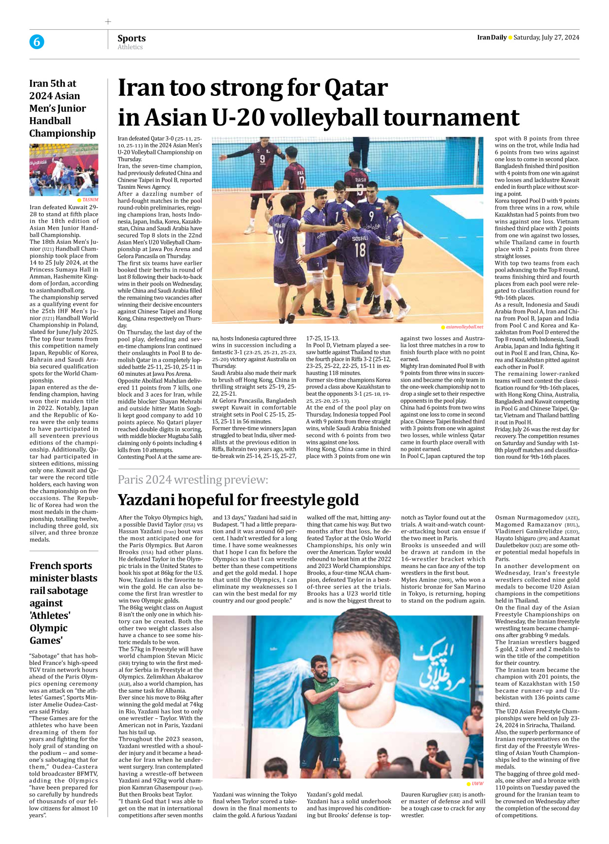 Iran Daily - Number Seven Thousand Six Hundred and Thirteen - 27 July 2024 - Page 6