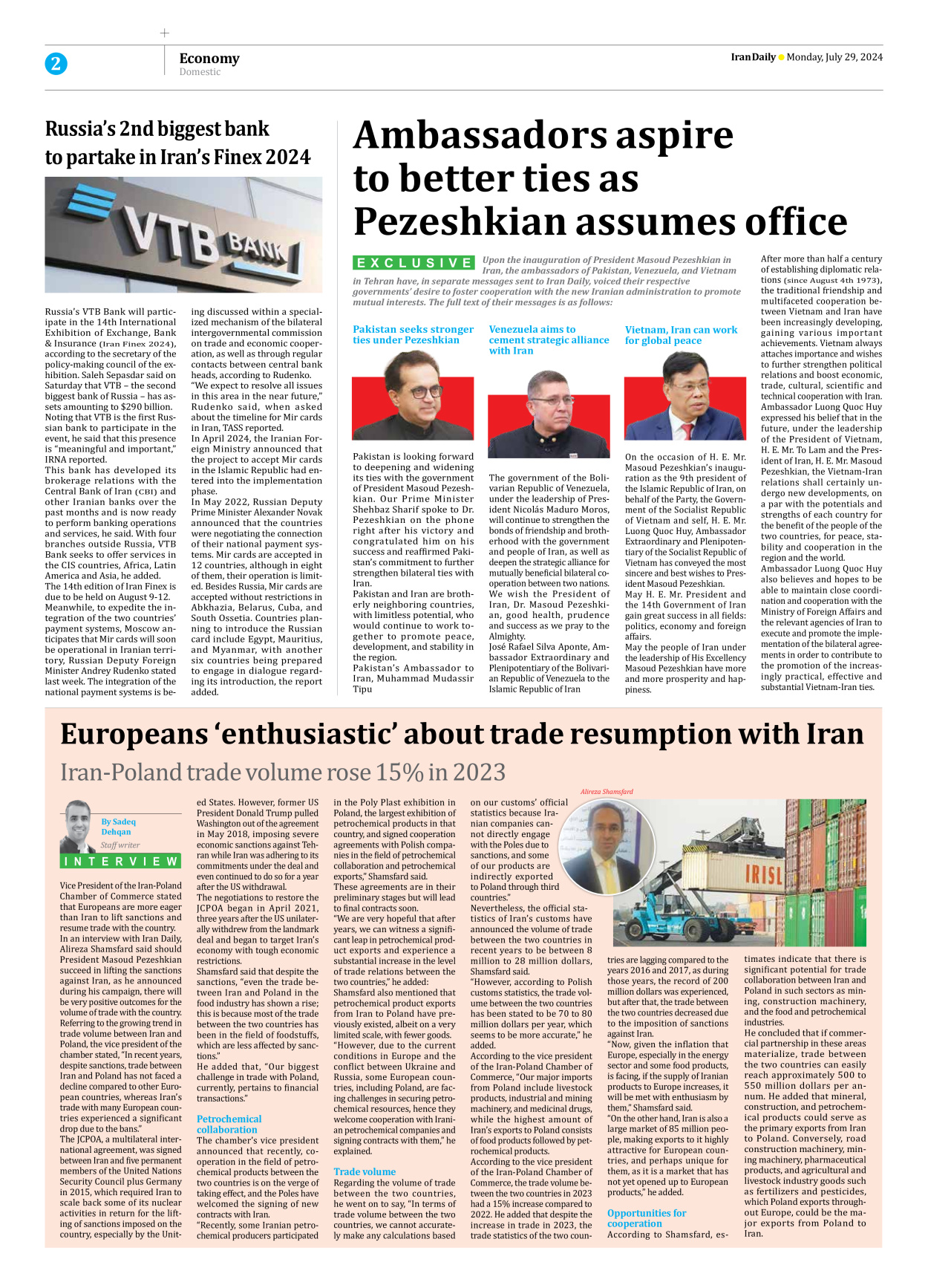 Iran Daily - Number Seven Thousand Six Hundred and Fourteen - 29 July 2024 - Page 2