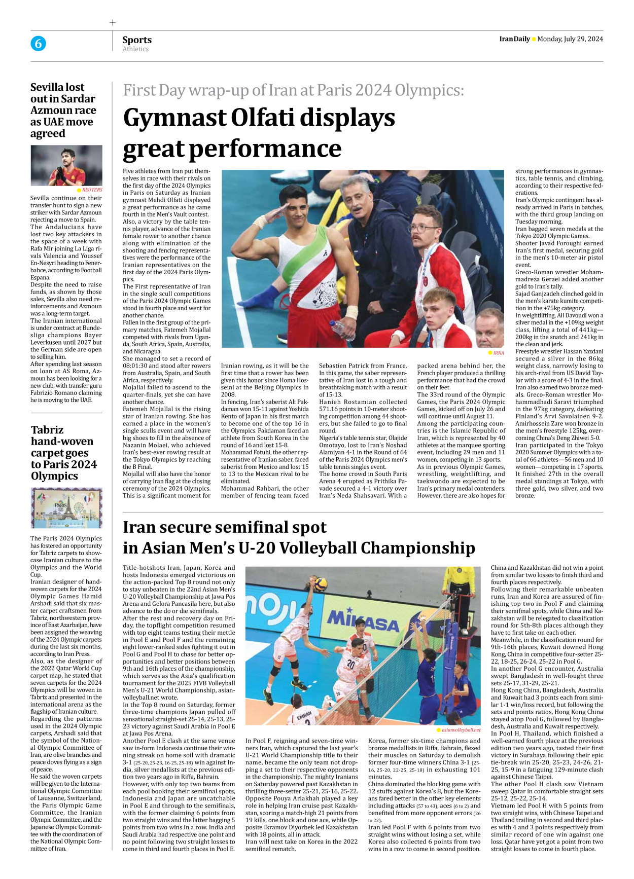 Iran Daily - Number Seven Thousand Six Hundred and Fourteen - 29 July 2024 - Page 6