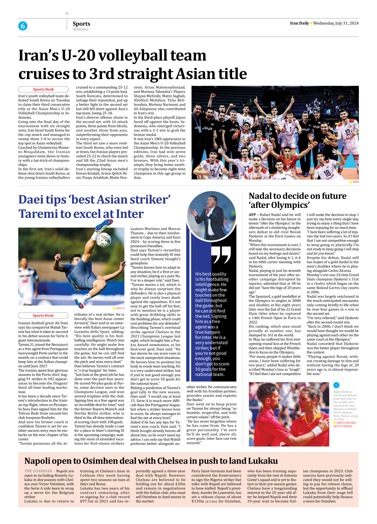 Iran Daily - Number Seven Thousand Six Hundred and Sixteen - 31 July 2024 - Page 6
