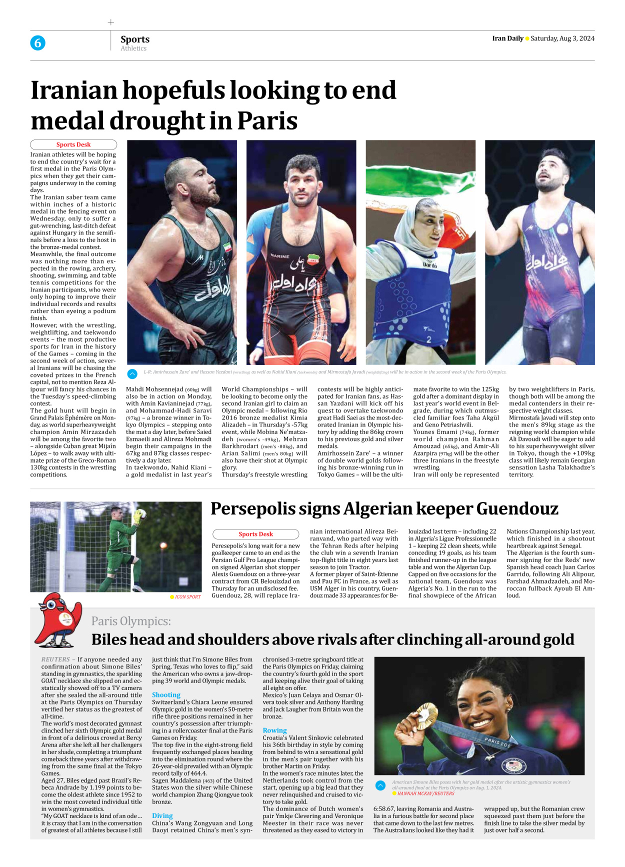 Iran Daily - Number Seven Thousand Six Hundred and Eighteen - 03 August 2024 - Page 6