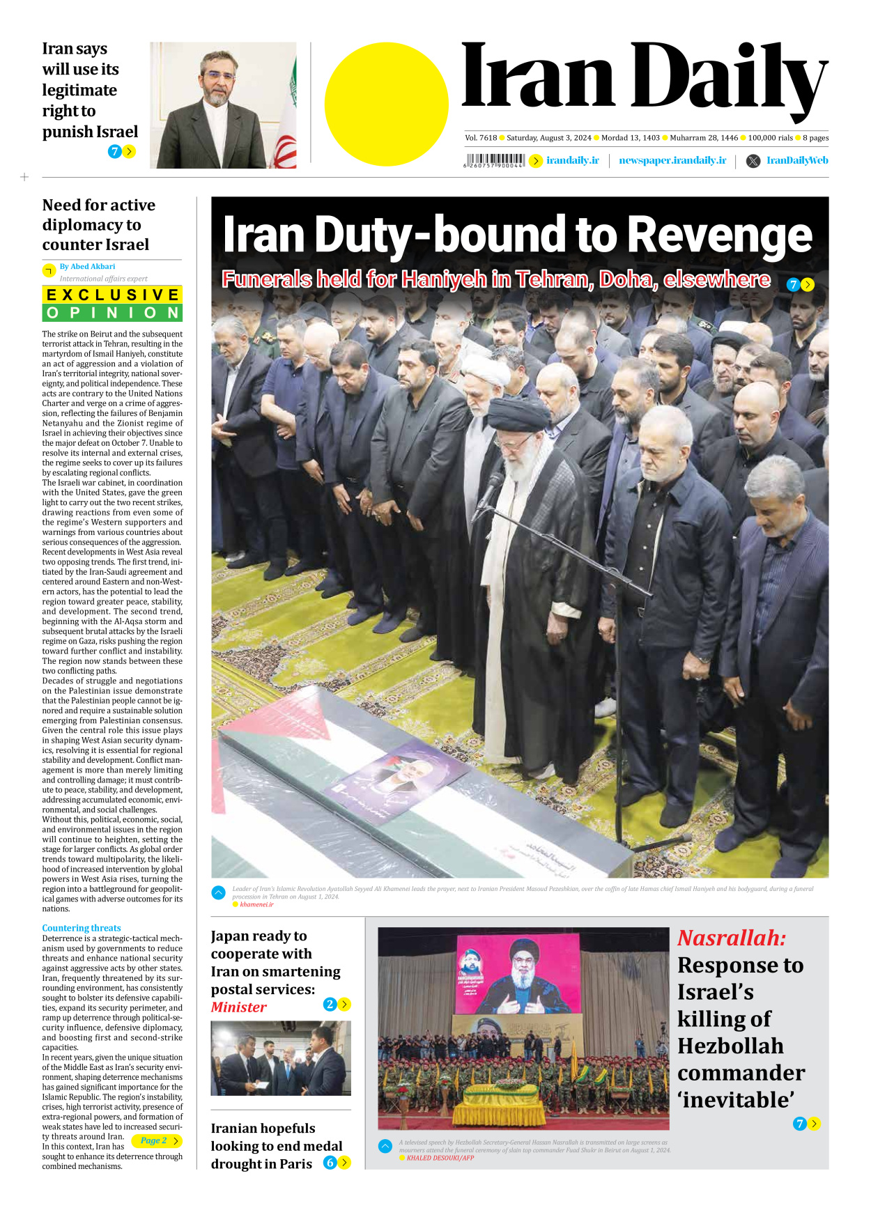 Iran Daily - Number Seven Thousand Six Hundred and Eighteen - 03 August 2024