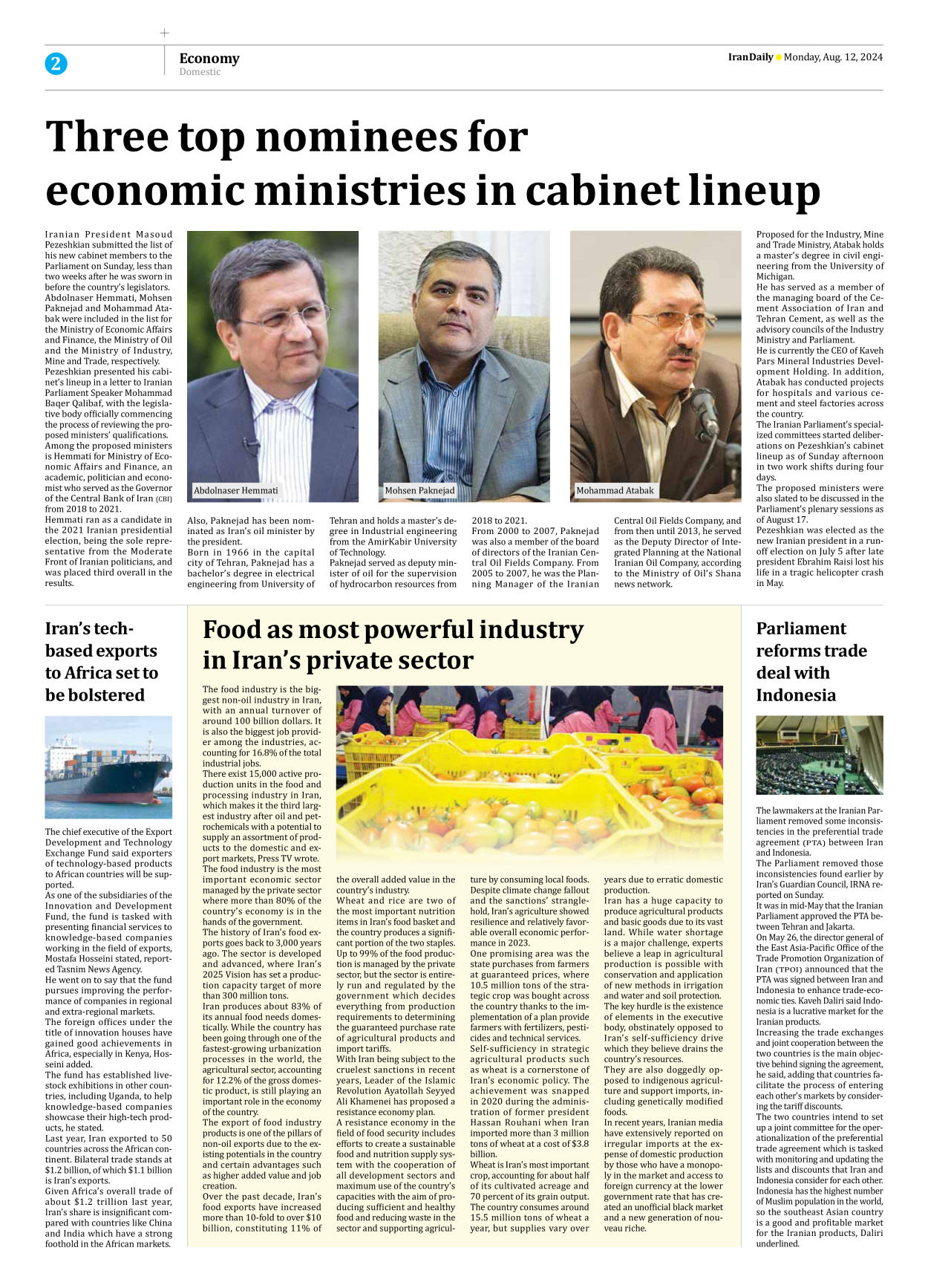 Iran Daily - Number Seven Thousand Six Hundred and Twenty Five - 12 August 2024 - Page 2