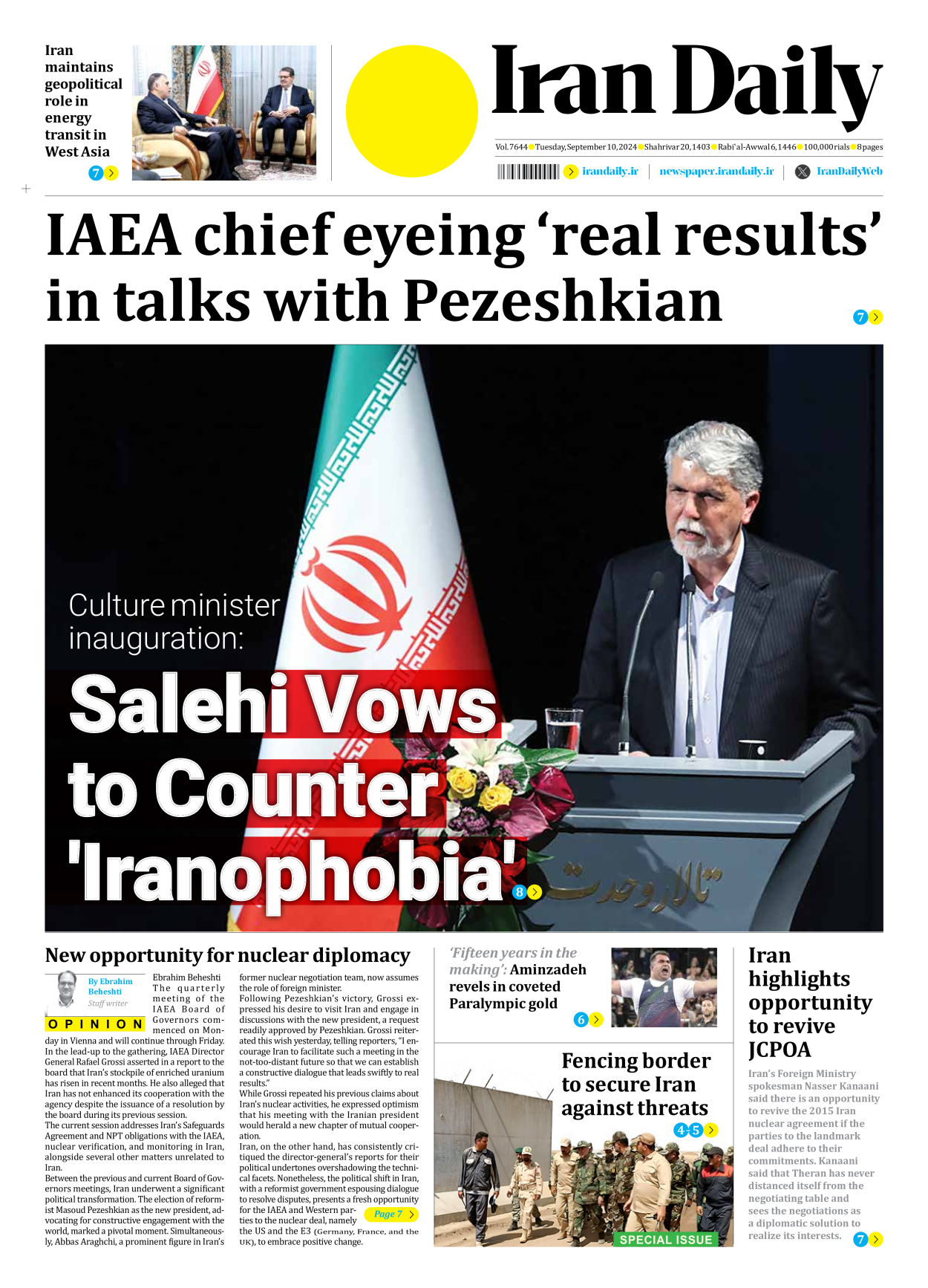 Iran Daily - Number Seven Thousand Six Hundred and Forty Four - 10 September 2024 - Page 1