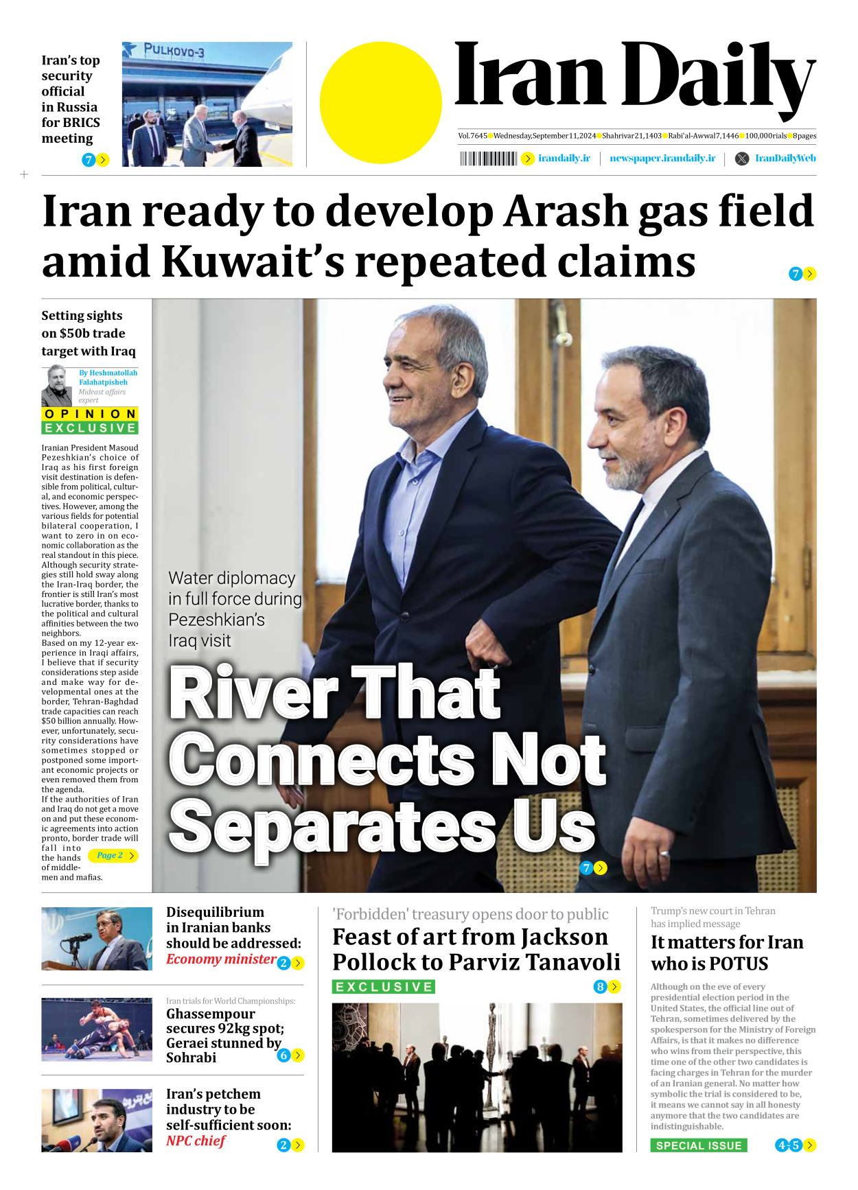 Iran Daily - Number Seven Thousand Six Hundred and Forty Five - 11 September 2024 - Page 1