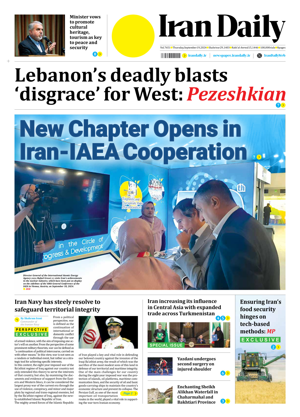 Iran Daily - Number Seven Thousand Six Hundred and Fifty One - 19 September 2024