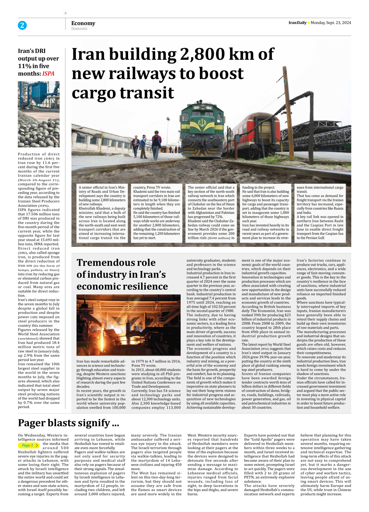 Iran Daily - Number Seven Thousand Six Hundred and Fifty Three - 23 September 2024 - Page 2