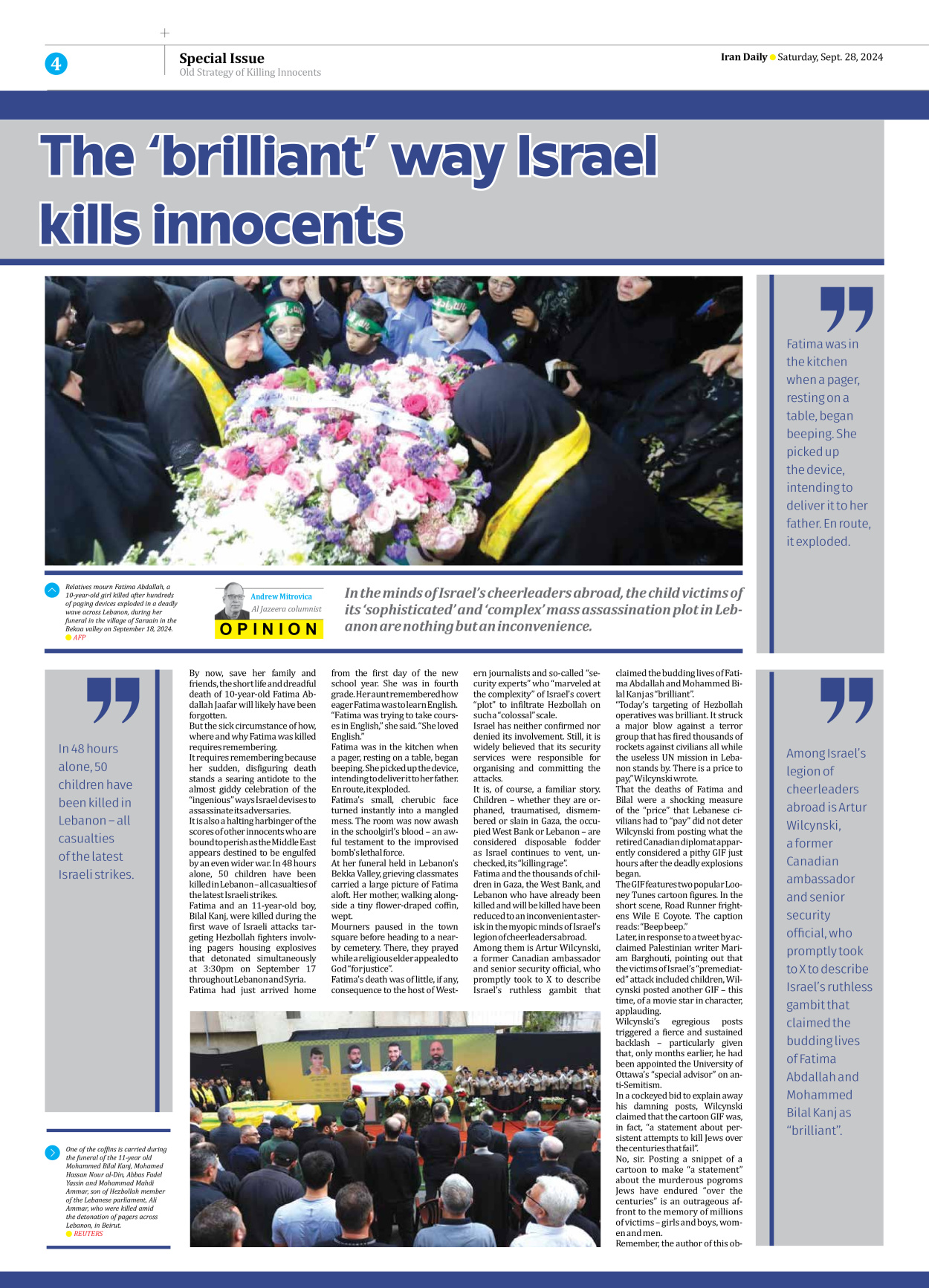 Iran Daily - Number Seven Thousand Six Hundred and Fifty Seven - 28 September 2024 - Page 4