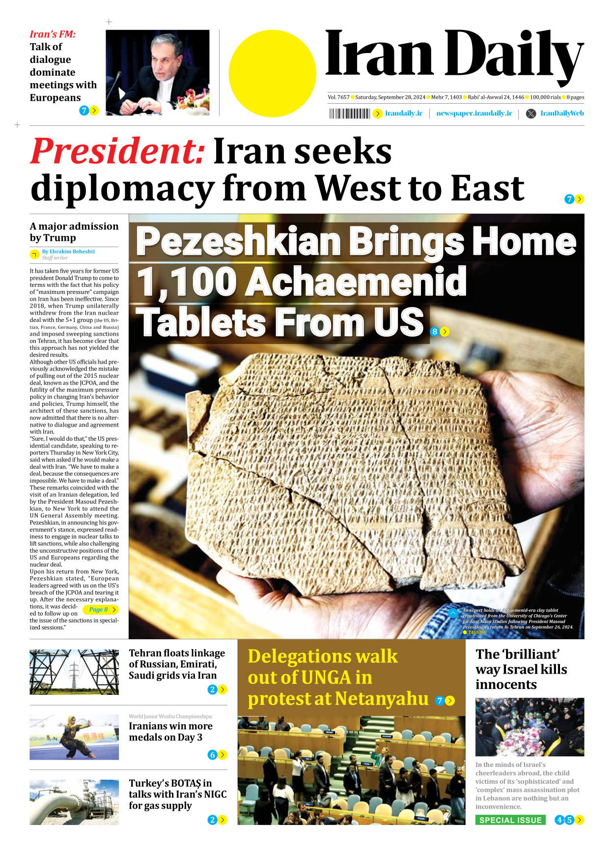 Iran Daily - Number Seven Thousand Six Hundred and Fifty Seven - 28 September 2024