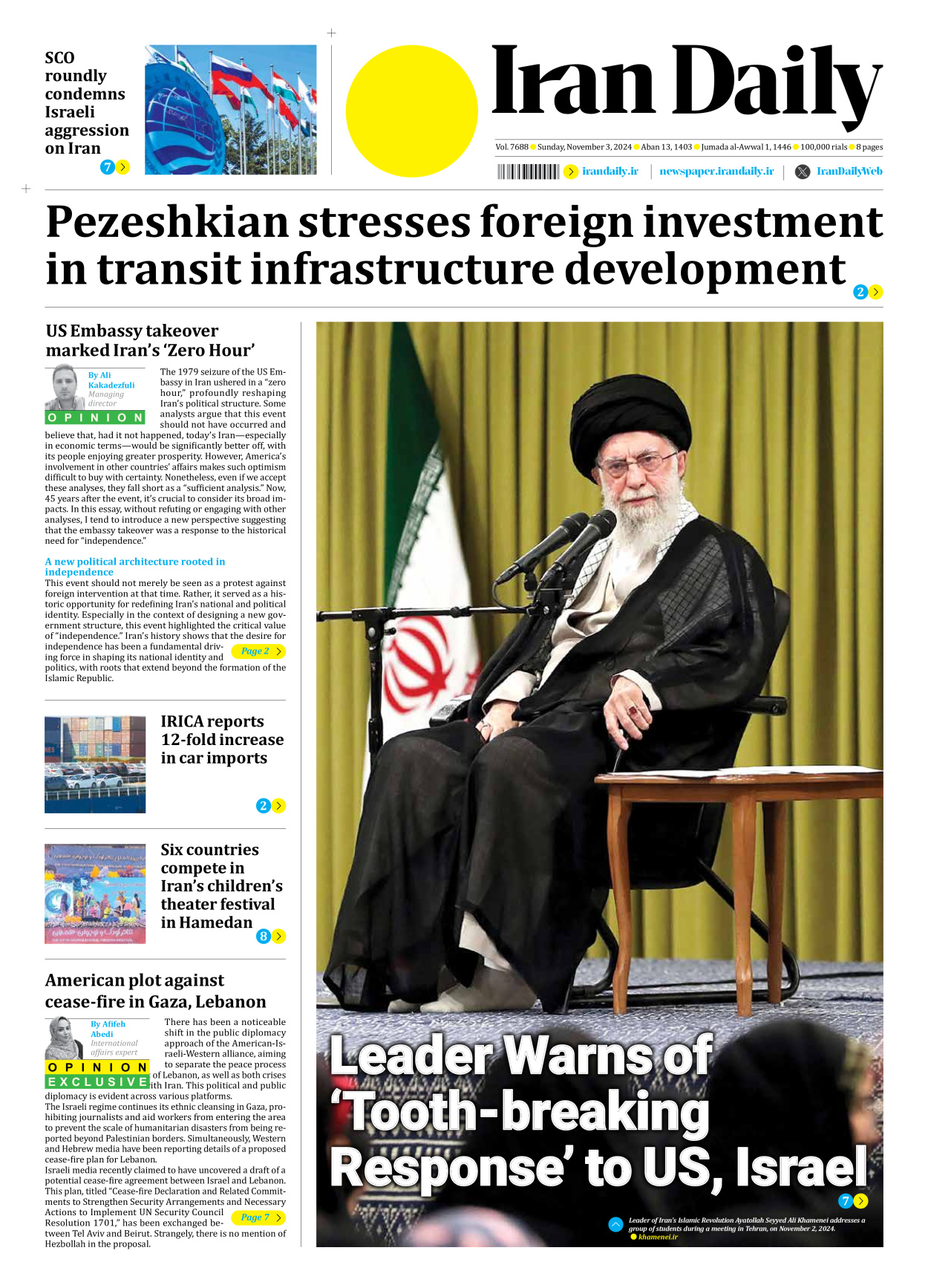 Iran Daily - Number Seven Thousand Six Hundred and Eighty Eight - 03 November 2024