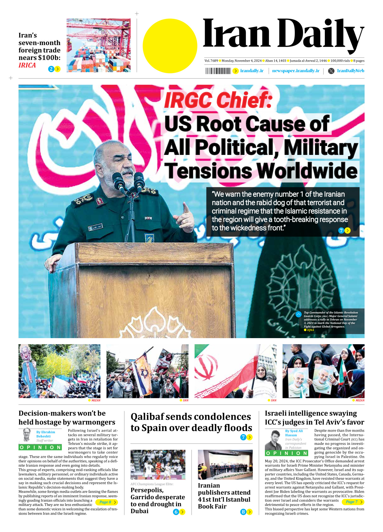 Iran Daily - Number Seven Thousand Six Hundred and Eighty Nine - 04 November 2024