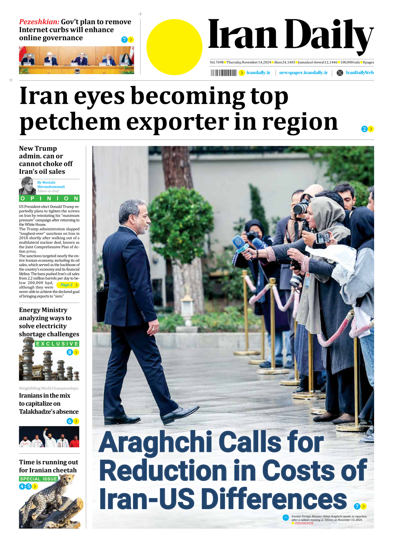 Iran Daily - Number Seven Thousand Six Hundred and Ninety Eight - 14 November 2024