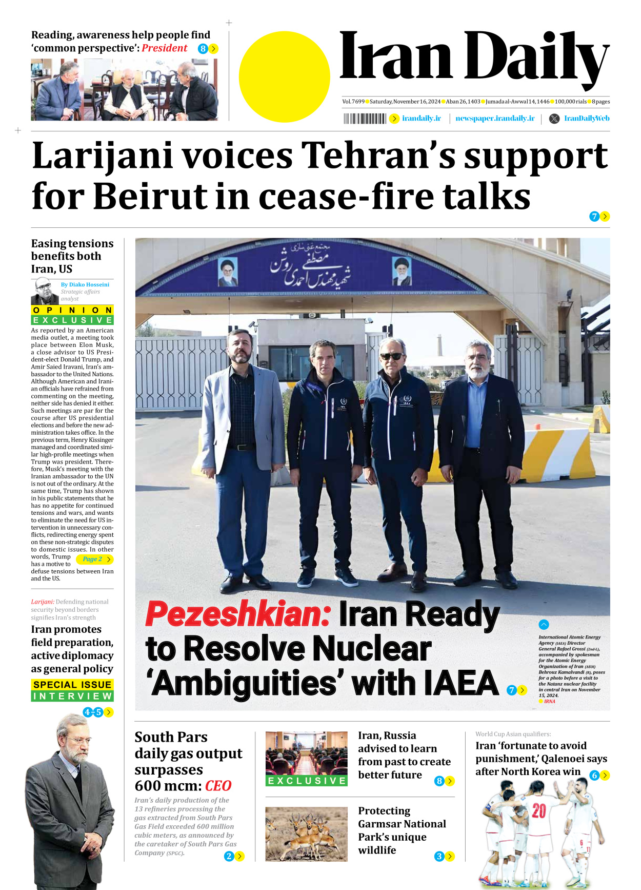 Iran Daily - Number Seven Thousand Six Hundred and Ninety Nine - 16 November 2024