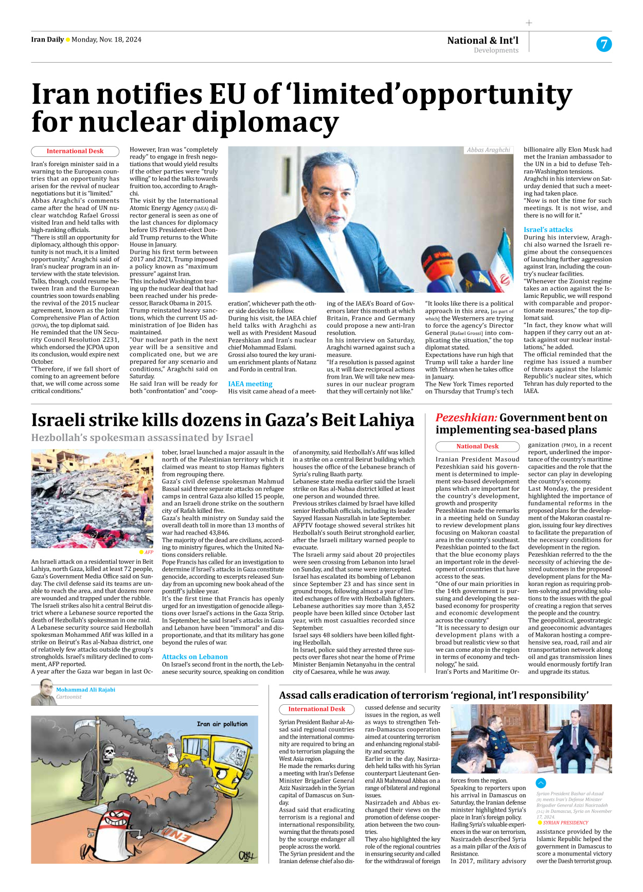 Iran Daily - Number Seven Thousand Seven Hundred and One - 18 November 2024 - Page 7