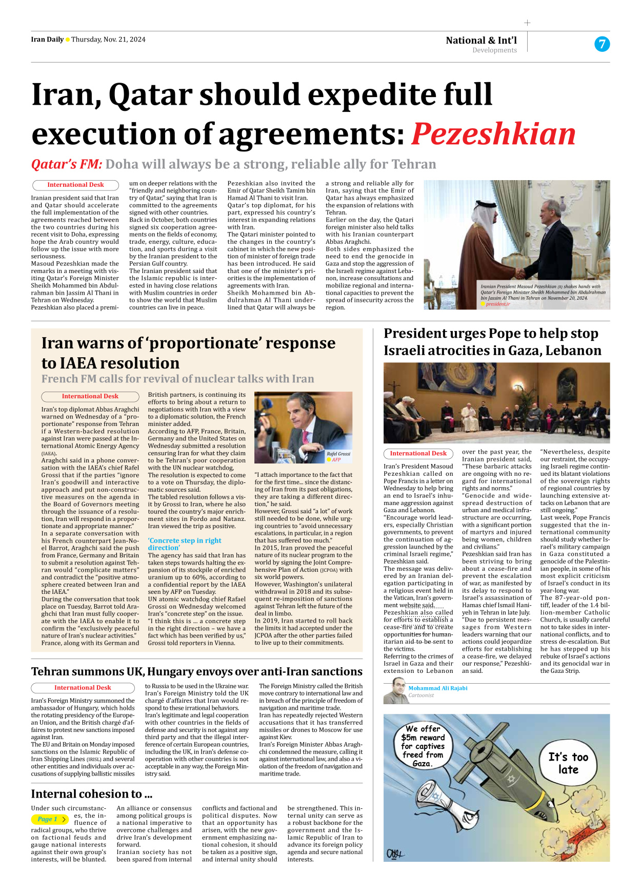 Iran Daily - Number Seven Thousand Seven Hundred and Four - 21 November 2024 - Page 7