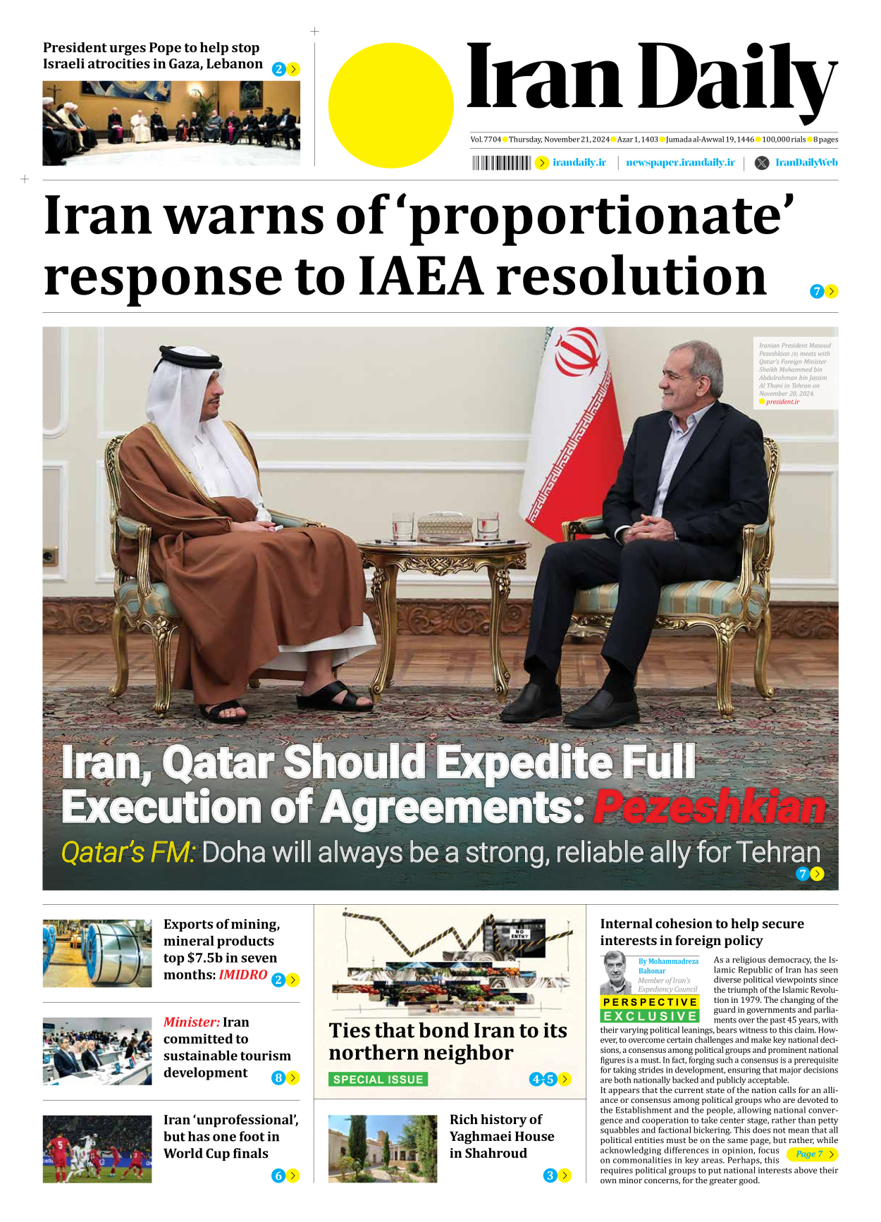 Iran Daily - Number Seven Thousand Seven Hundred and Four - 21 November 2024