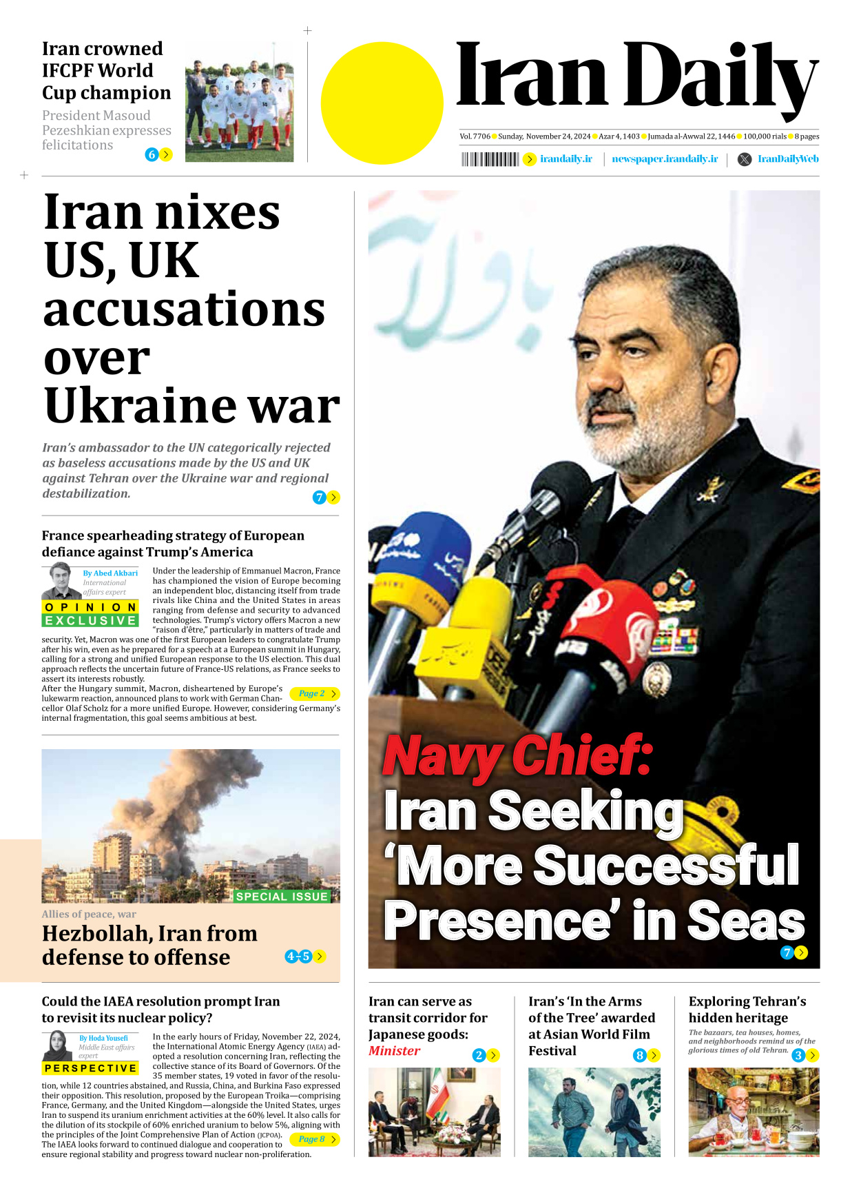 Iran Daily - Number Seven Thousand Seven Hundred and Six - 24 November 2024