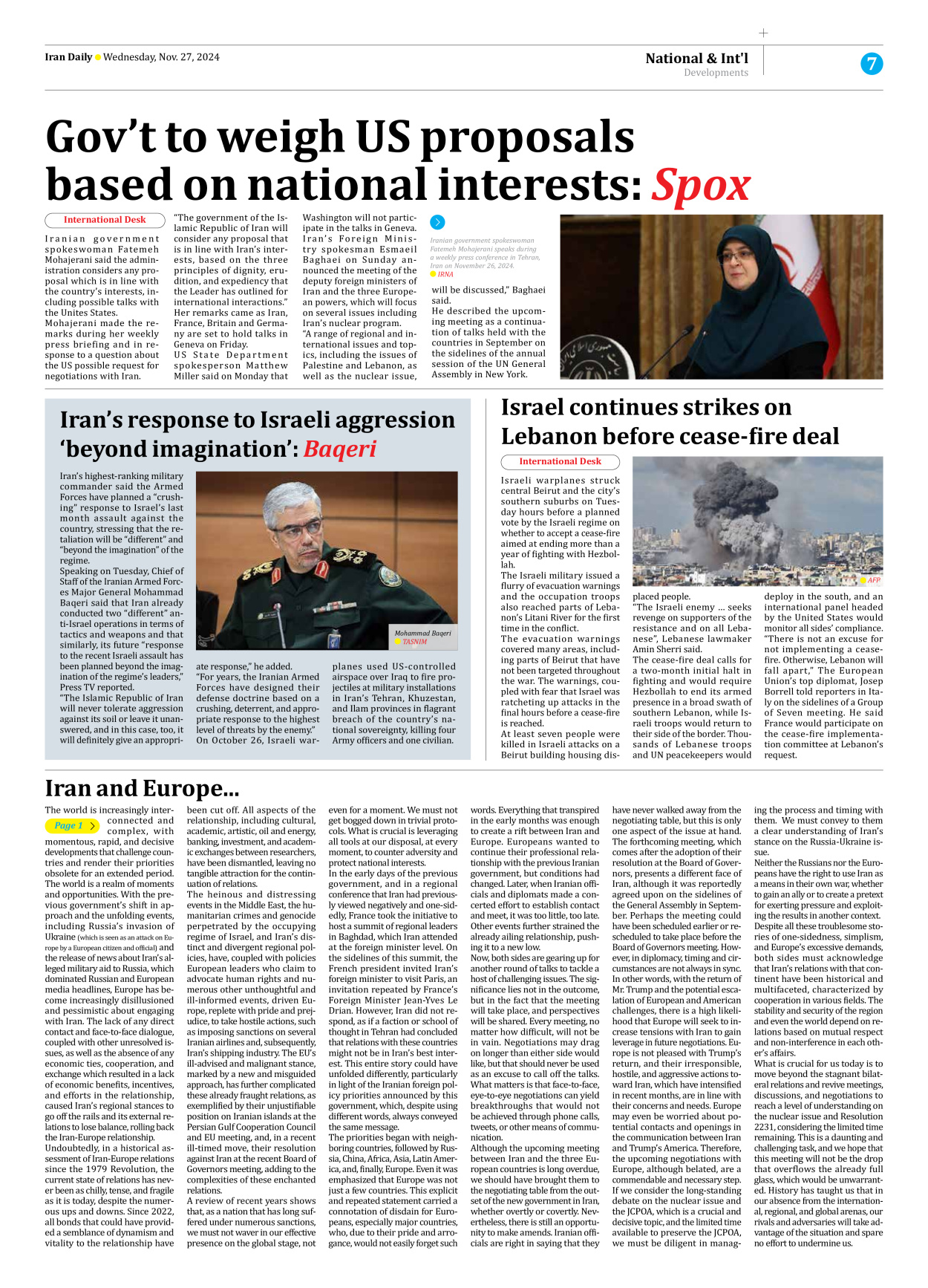 Iran Daily - Number Seven Thousand Seven Hundred and Nine - 27 November 2024 - Page 7