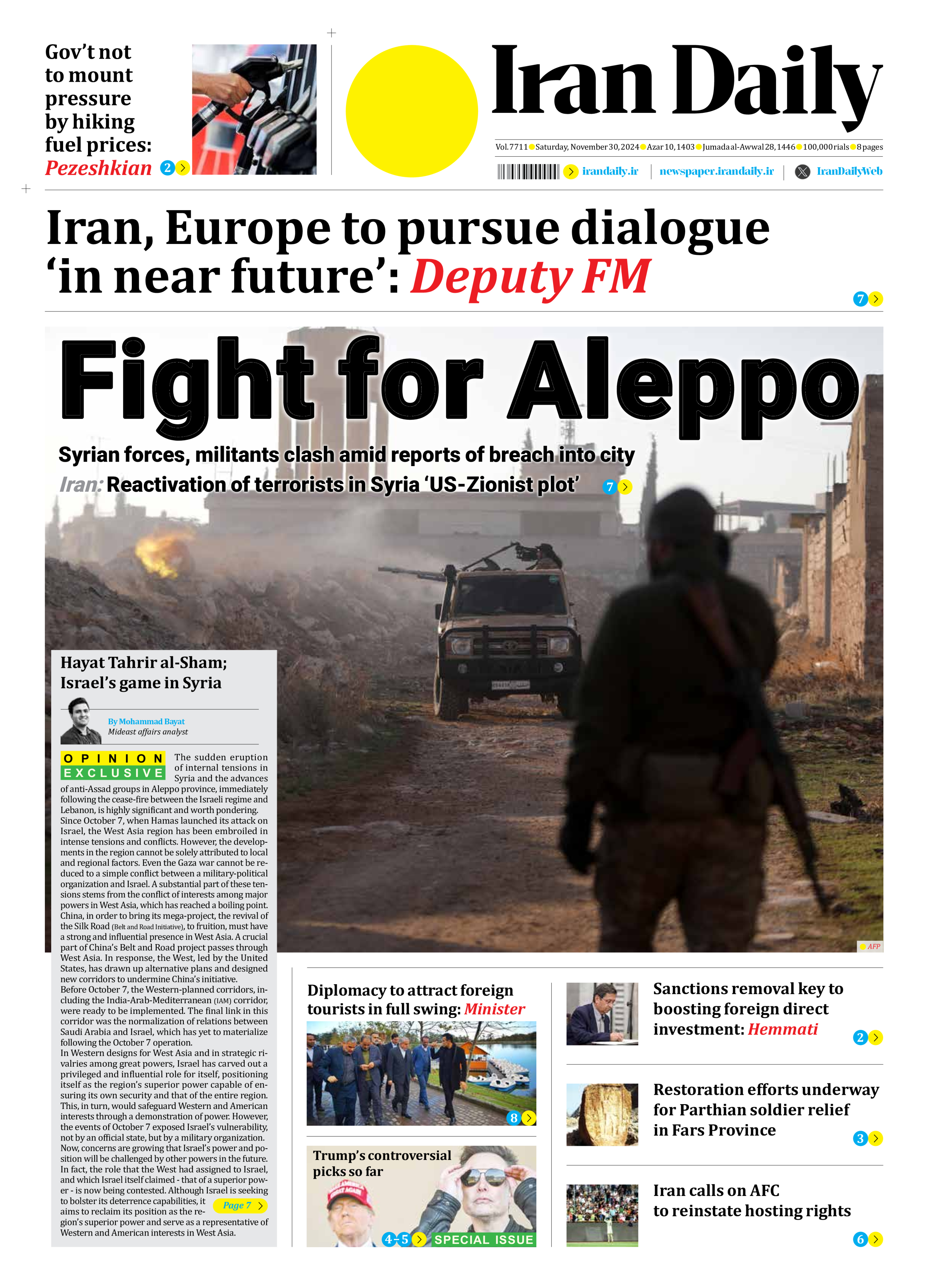 Iran Daily - Number Seven Thousand Seven Hundred and Eleven - 30 November 2024 - Page 1