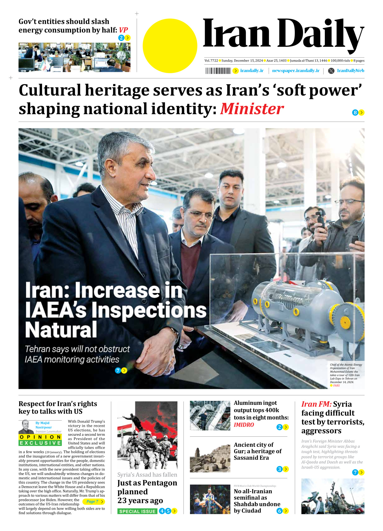 Iran Daily - Number Seven Thousand Seven Hundred and Twenty Two - 15 December 2024