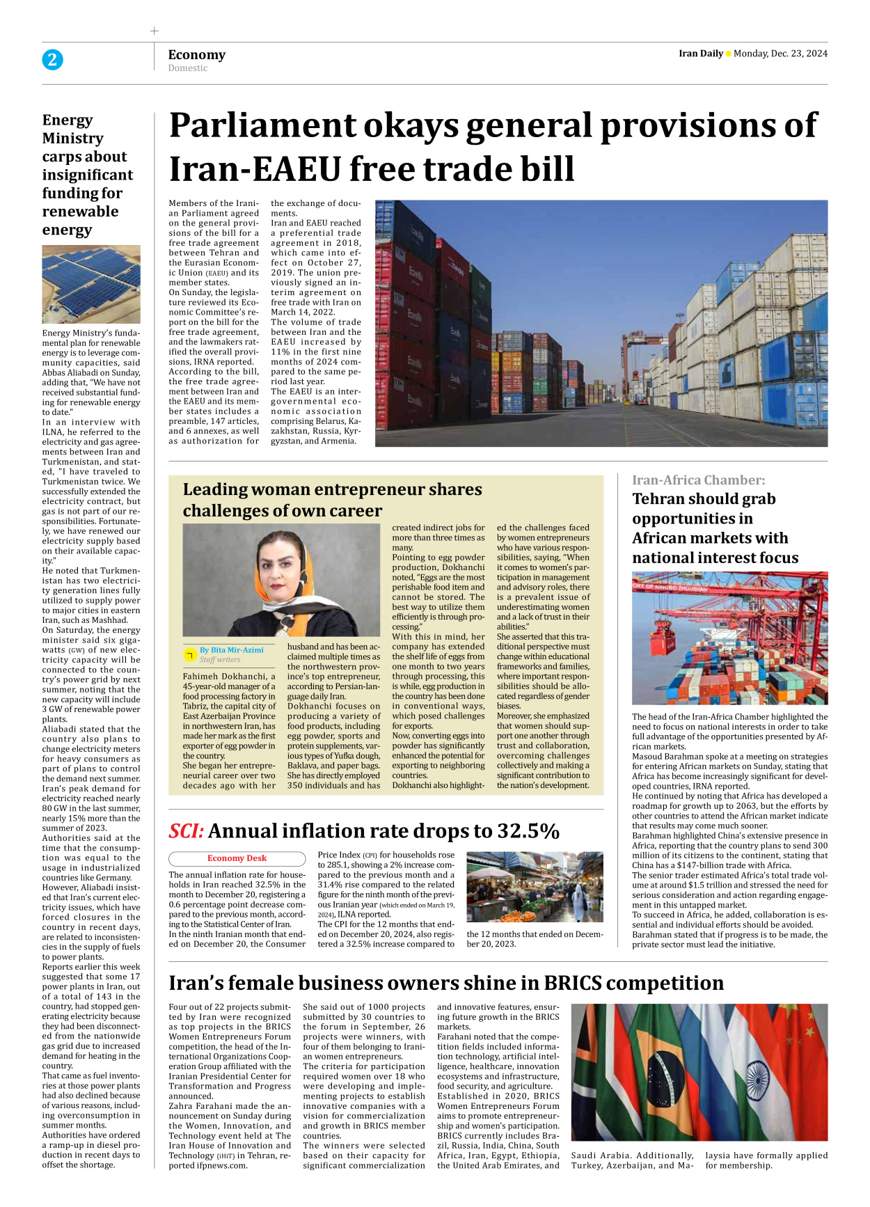 Iran Daily - Number Seven Thousand Seven Hundred and Twenty Seven - 23 December 2024 - Page 2