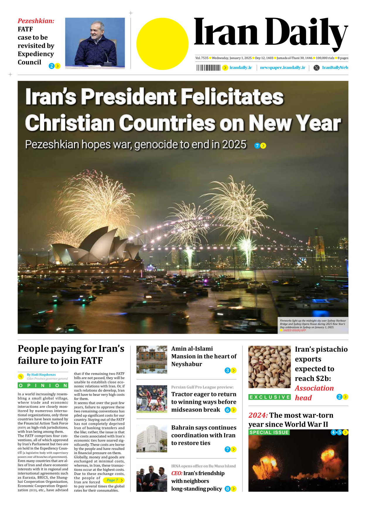 Iran Daily - Number Seven Thousand Seven Hundred and Thirty Five - 01 January 2025