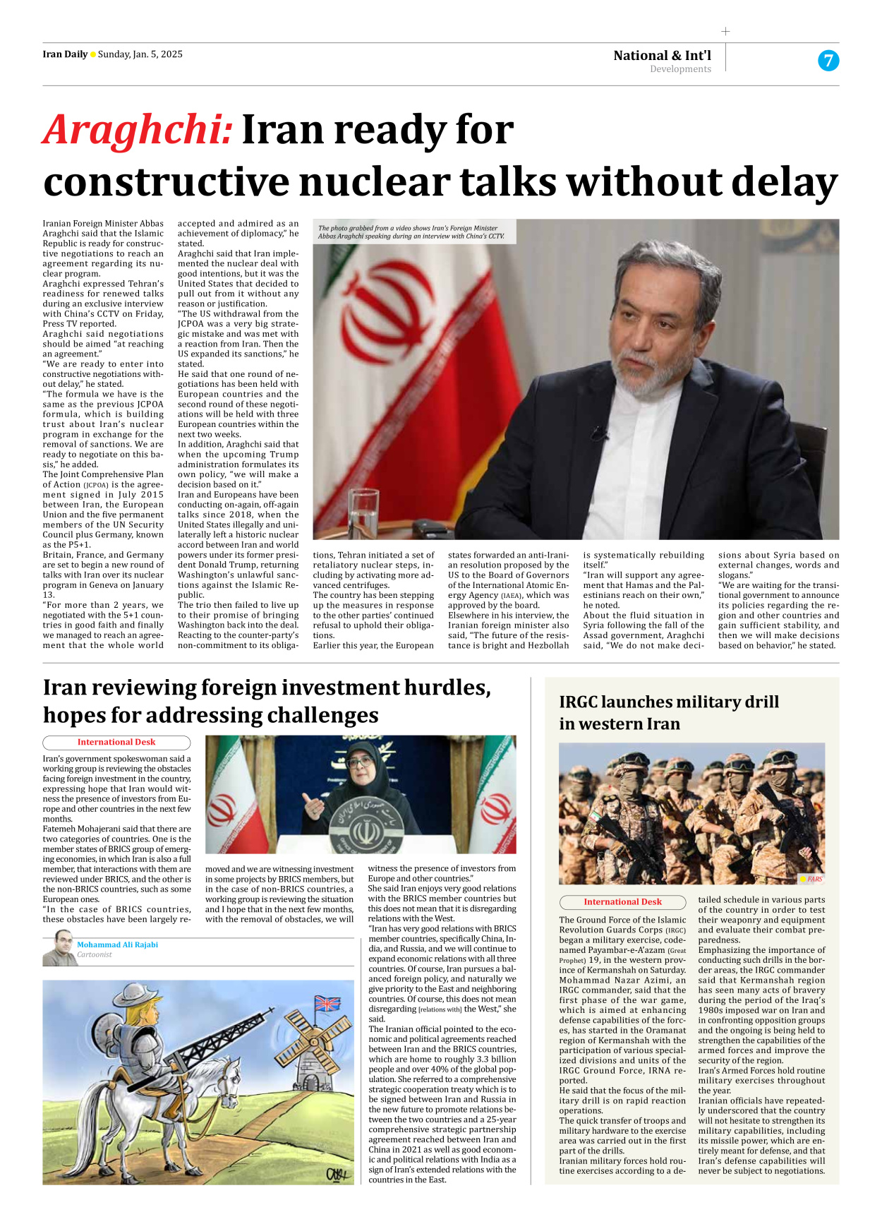 Iran Daily - Number Seven Thousand Seven Hundred and Thirty Eight - 05 January 2025 - Page 7