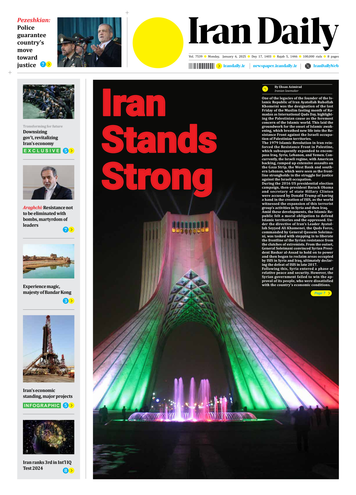 Iran Daily - Number Seven Thousand Seven Hundred and Thirty Nine - 06 January 2025