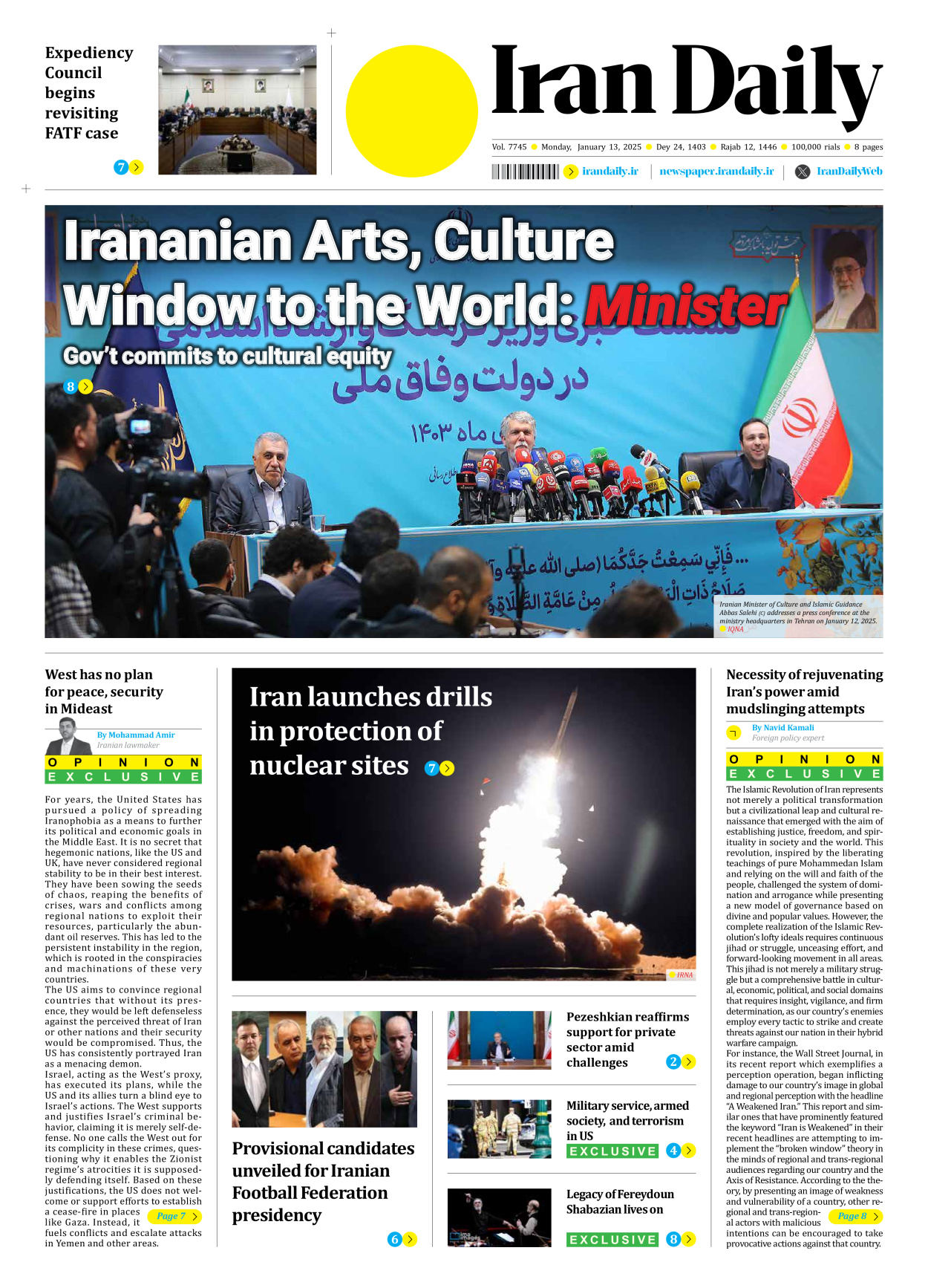 Iran Daily - Number Seven Thousand Seven Hundred and Forty Five - 13 January 2025