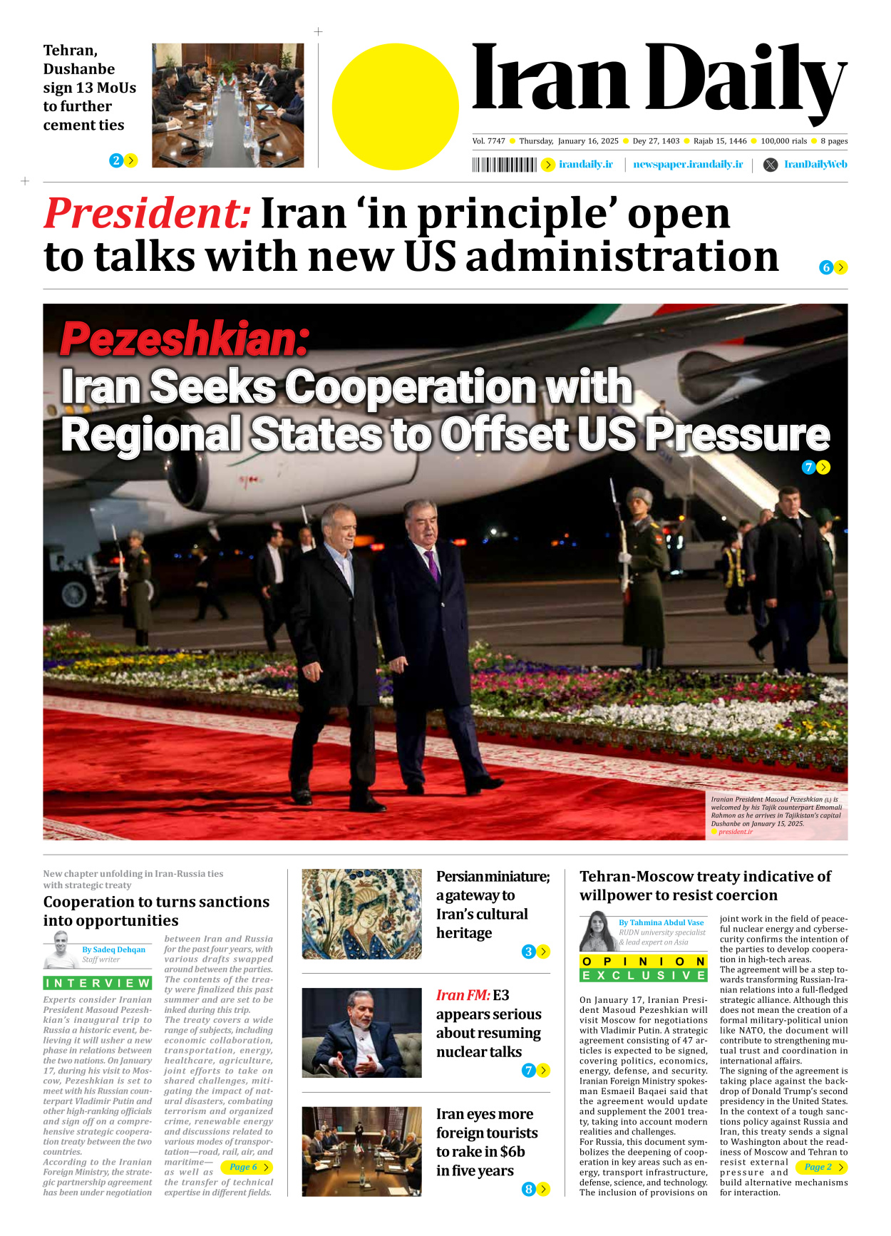 Iran Daily - Number Seven Thousand Seven Hundred and Forty Seven - 16 January 2025