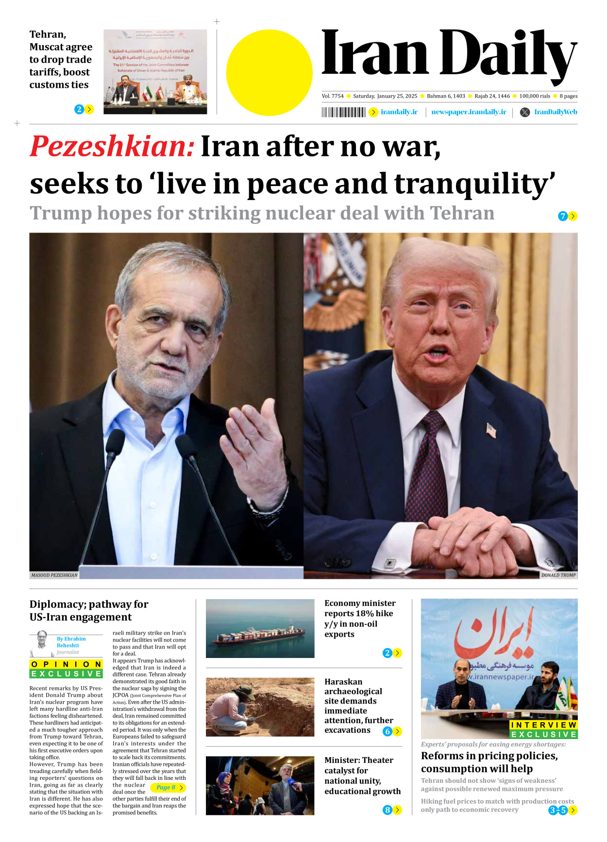 Iran Daily - Number Seven Thousand Seven Hundred and Fifty Four - 25 January 2025