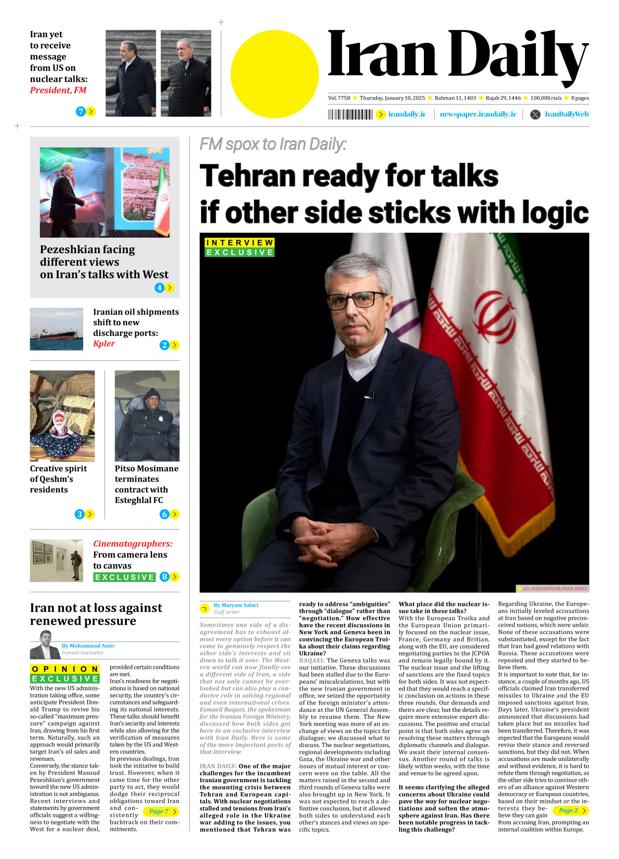 Iran Daily - Number Seven Thousand Seven Hundred and Fifty Eight - 30 January 2025