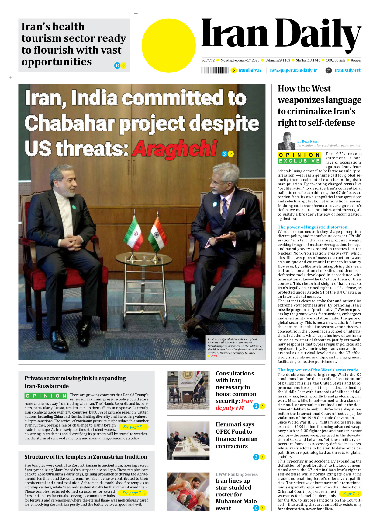 Iran Daily - Number Seven Thousand Seven Hundred and Seventy Two - 17 February 2025 - Page 1