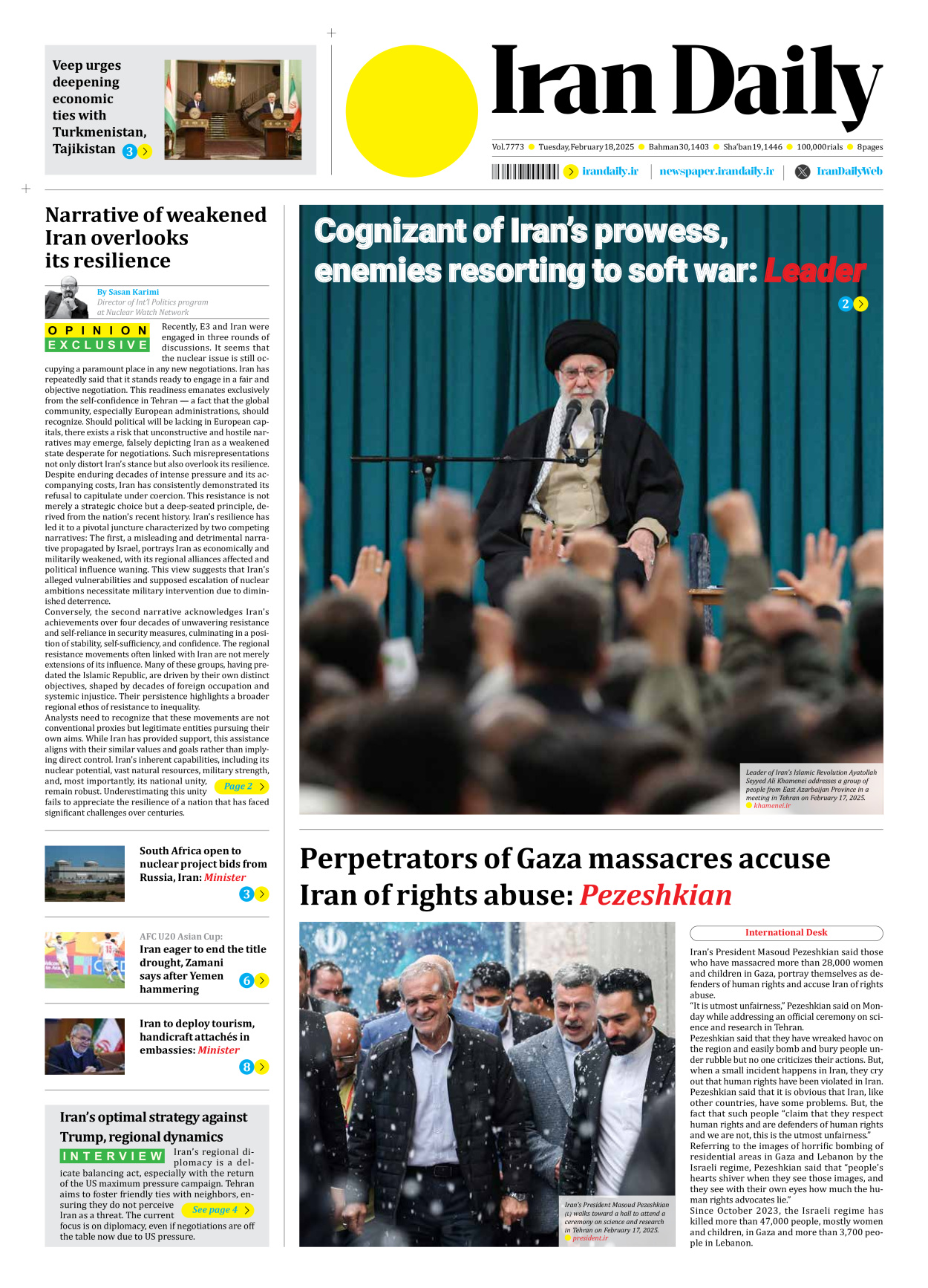 Iran Daily - Number Seven Thousand Seven Hundred and Seventy Three - 18 February 2025 - Page 1