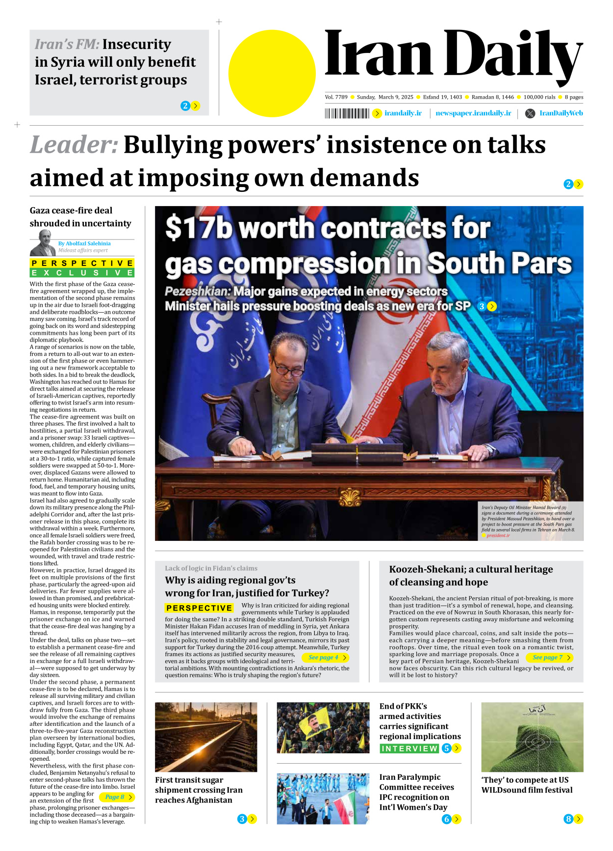 Iran Daily - Number Seven Thousand Seven Hundred and Eighty Nine - 09 March 2025