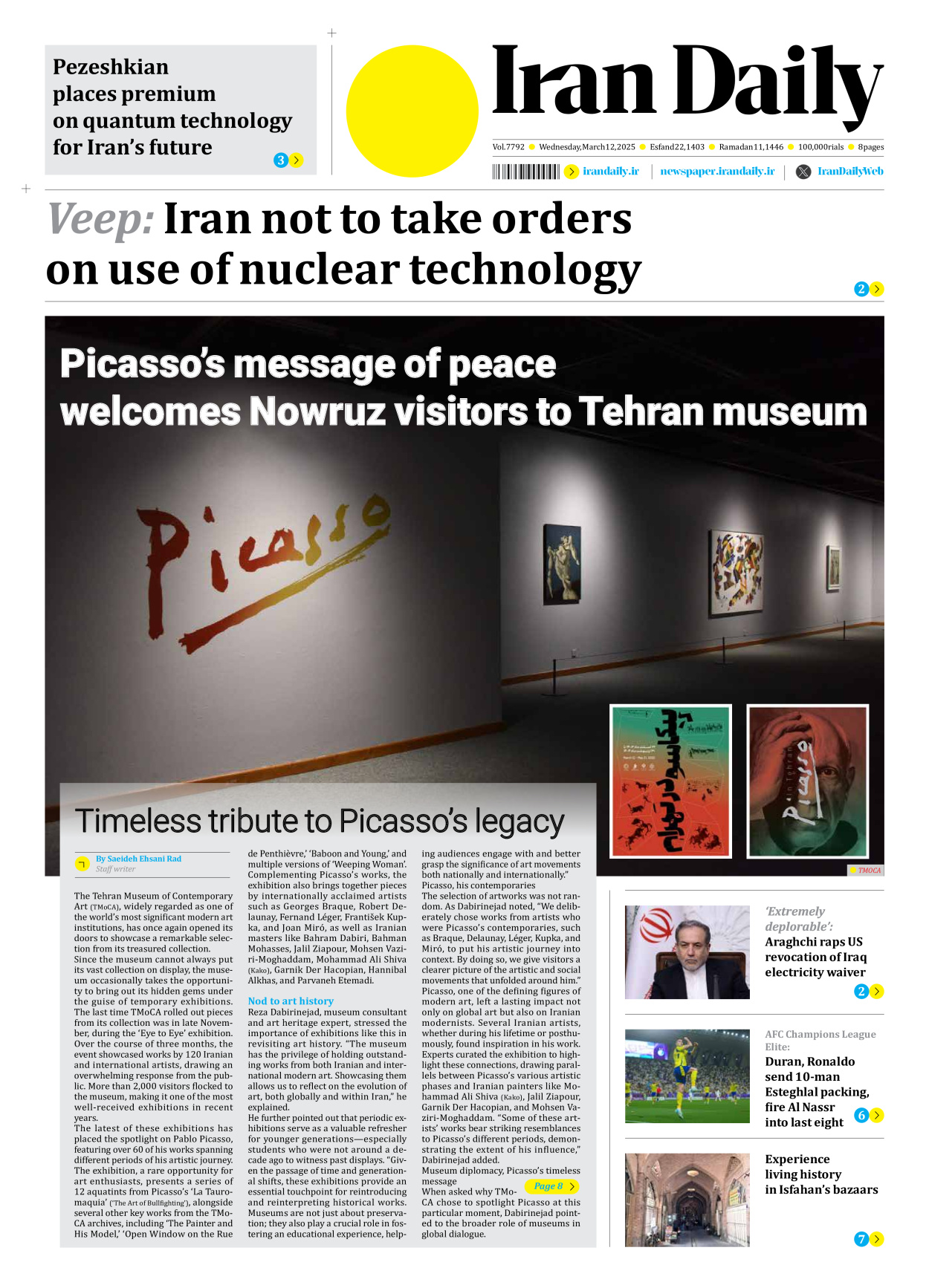Iran Daily - Number Seven Thousand Seven Hundred and Ninety Two - 12 March 2025 - Page 1