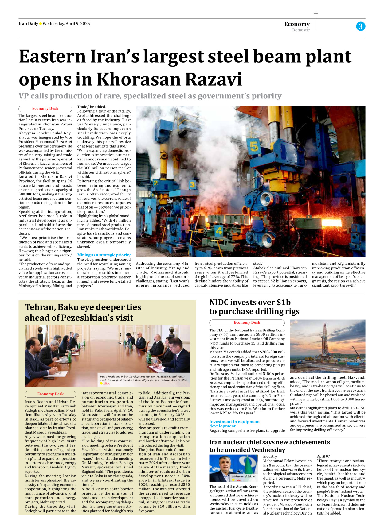 Iran Daily - Number Seven Thousand Eight Hundred and Two - 09 April 2025 - Page 3
