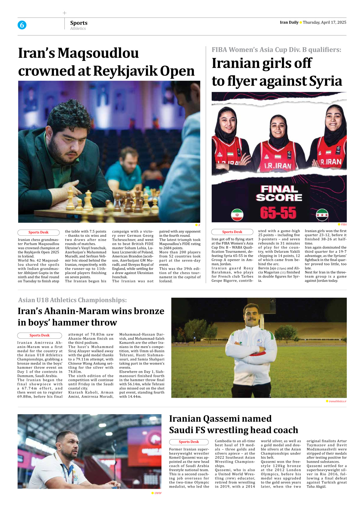 Iran Daily - Number Seven Thousand Eight Hundred and Nine - 17 April 2025 - Page 6