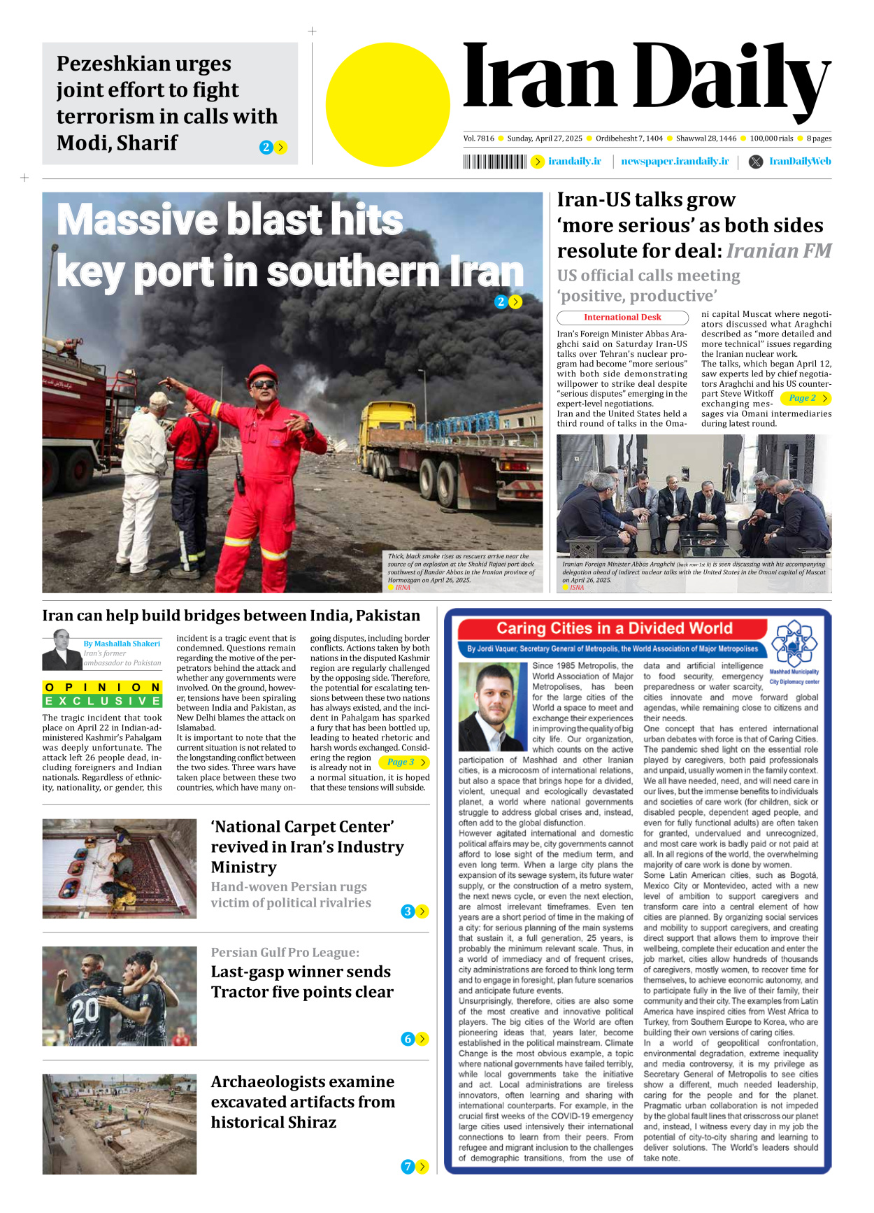 Iran Daily - Number Seven Thousand Eight Hundred and Sixteen - 27 April 2025