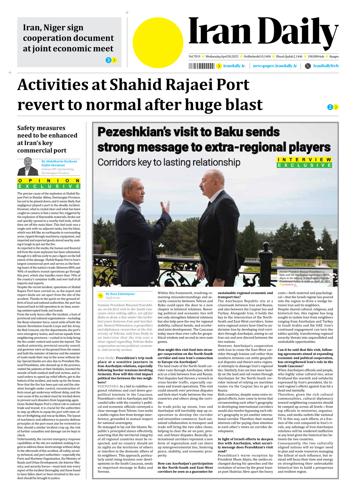 Iran Daily - Number Seven Thousand Eight Hundred and Nineteen - 30 April 2025