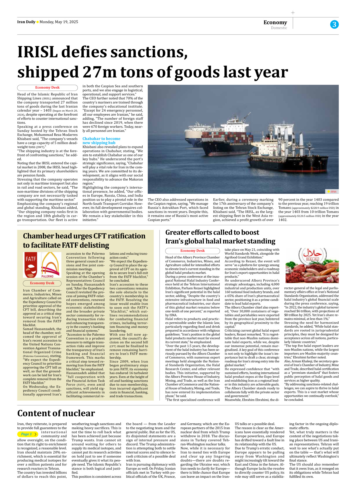 Iran Daily - Number Seven Thousand Eight Hundred and Thirty Five - 19 May 2025 - Page 3