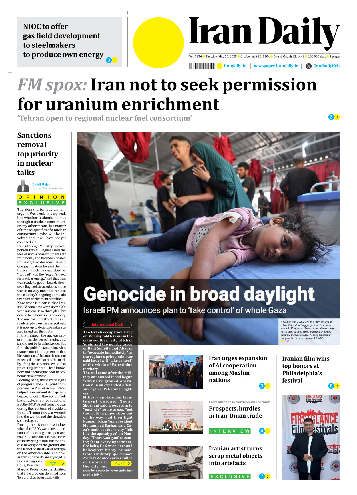 Iran Daily - Number Seven Thousand Eight Hundred and Thirty Six - 20 May 2025