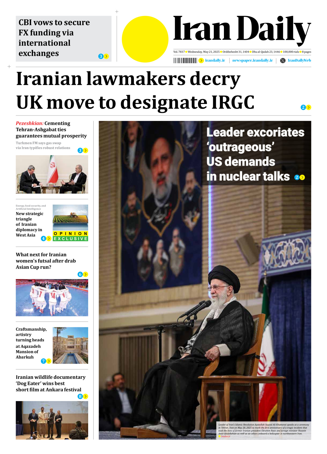 Iran Daily - Number Seven Thousand Eight Hundred and Thirty Seven - 21 May 2025
