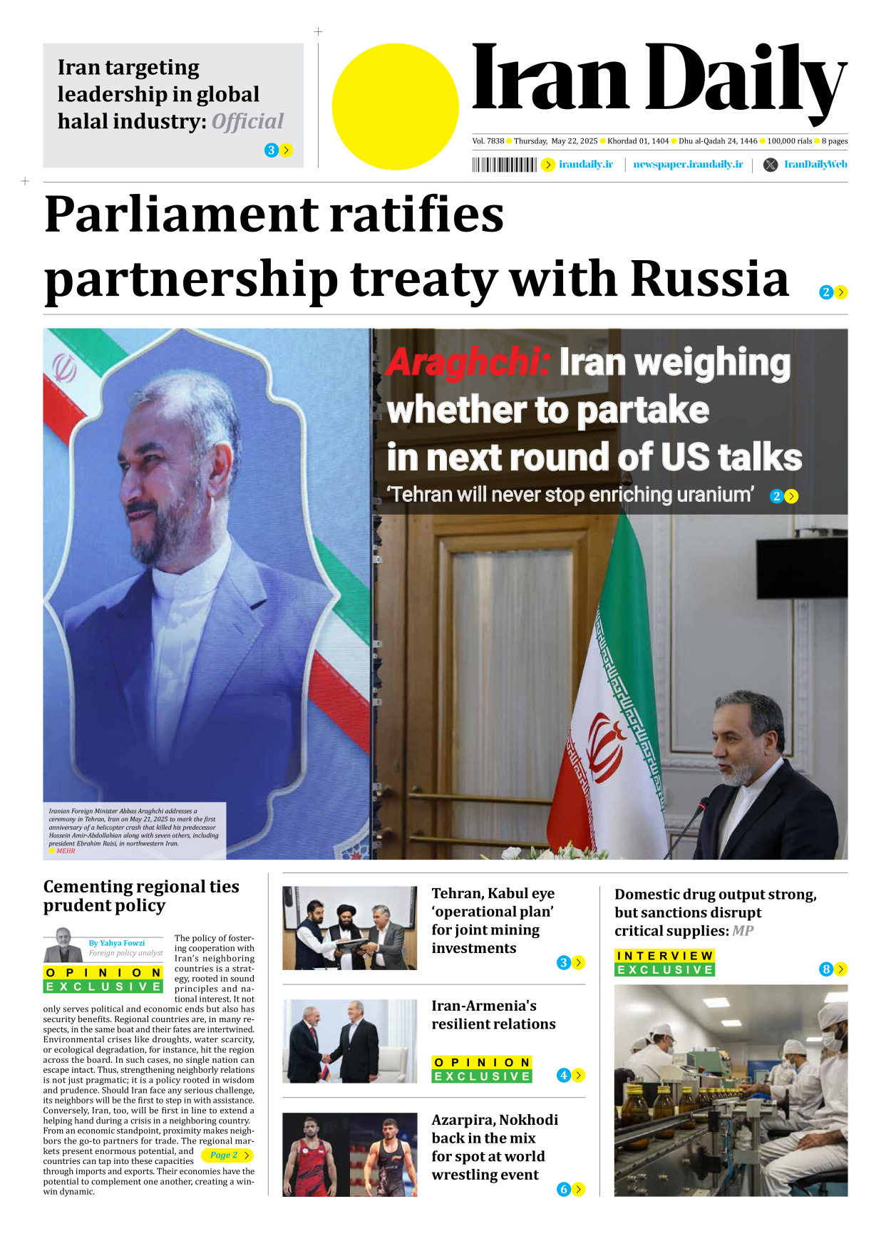 Iran Daily - Number Seven Thousand Eight Hundred and Thirty Eight - 22 May 2025