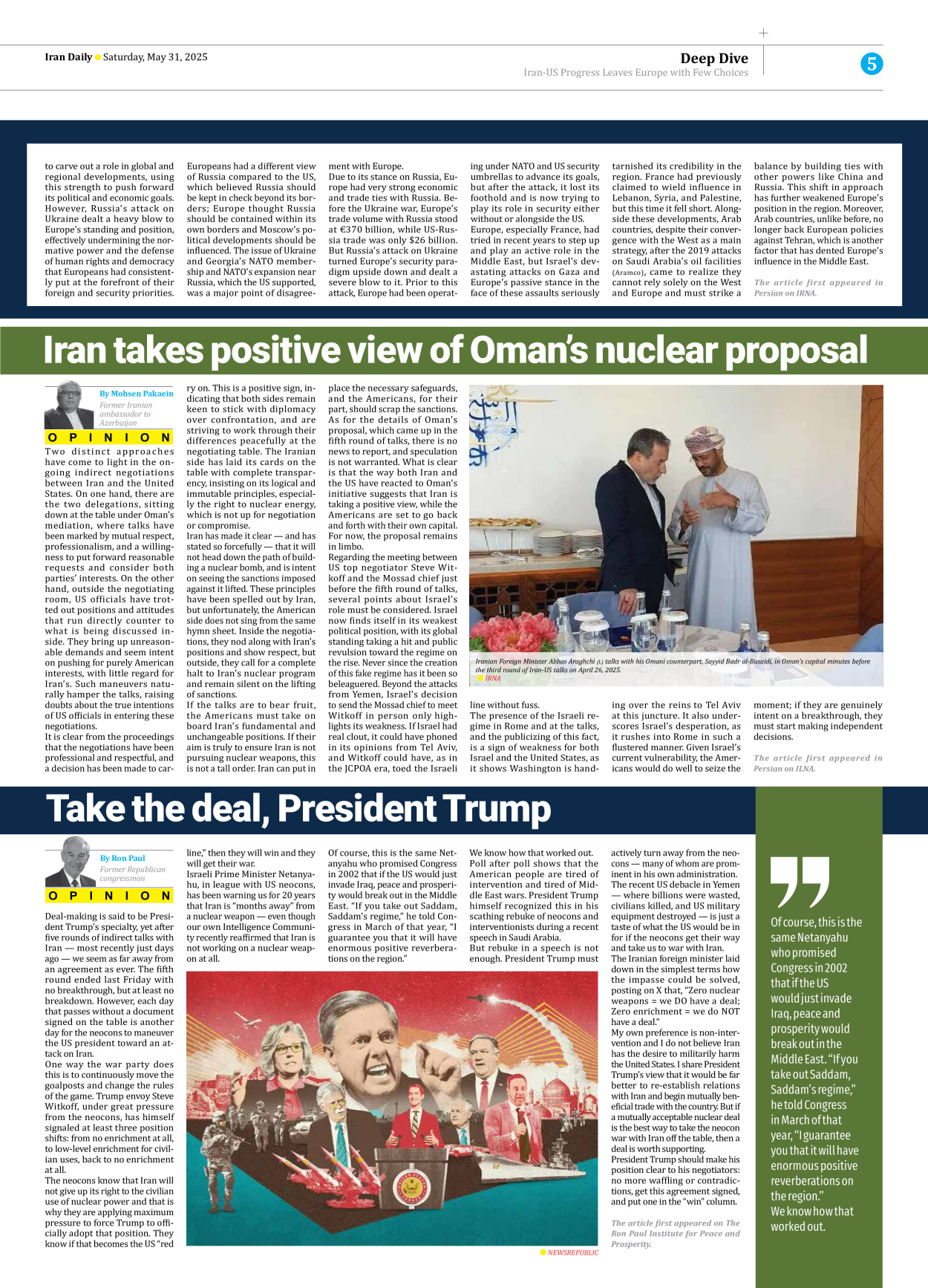 Iran Daily - Number Seven Thousand Eight Hundred and Forty Five - 31 May 2025 - Page 5