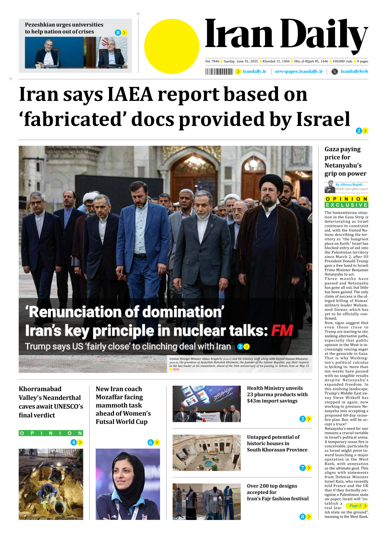 Iran Daily - Number Seven Thousand Eight Hundred and Forty Six - 01 June 2025